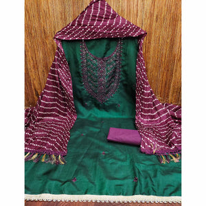 Unstitched Green Cotton Dress Material Enhanced with Thread Embroidery