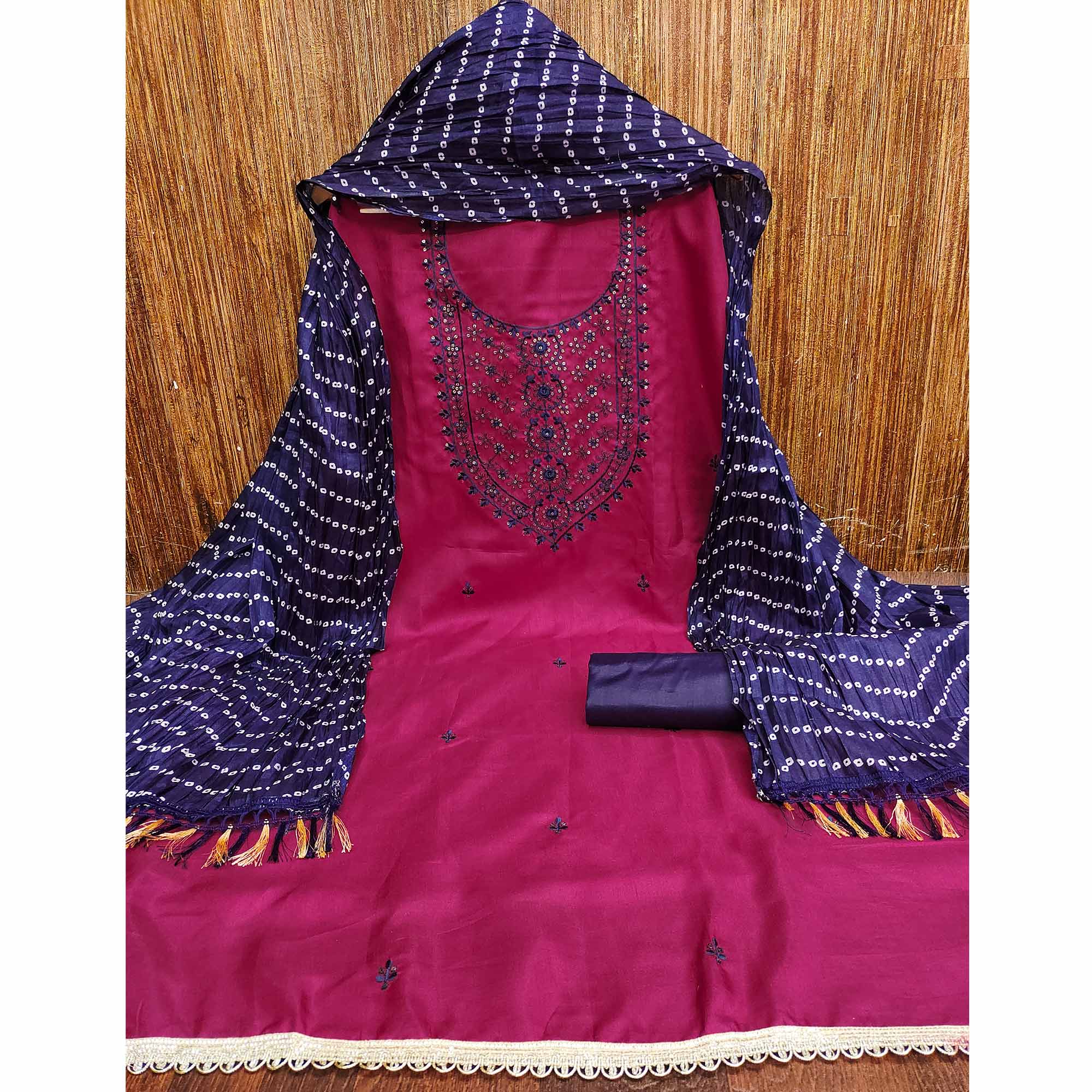 Unstitched Pink Cotton Dress Material Enhanced with Thread Embroidery