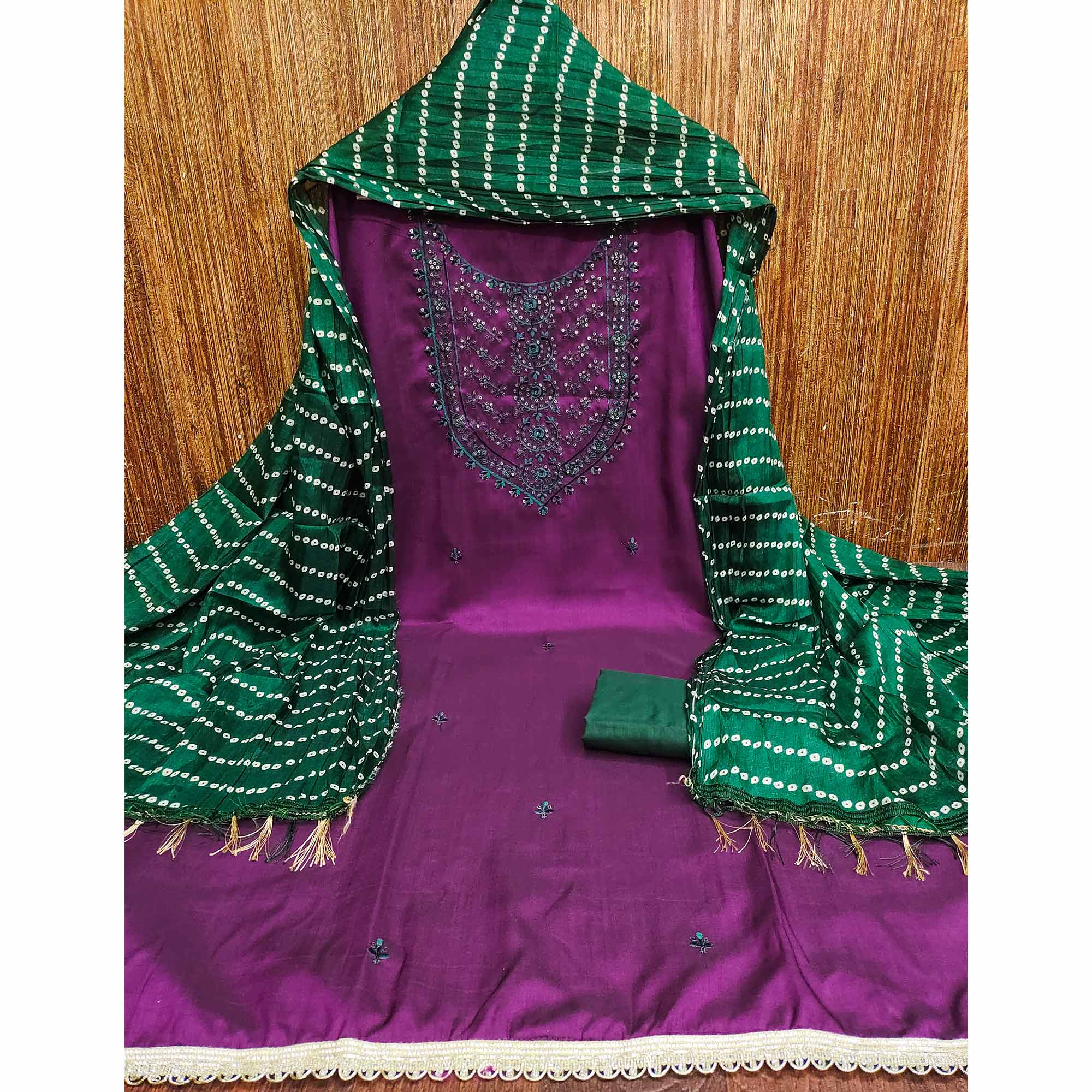 Unstitched Purple Cotton Dress Material Enhanced with Thread Embroidery