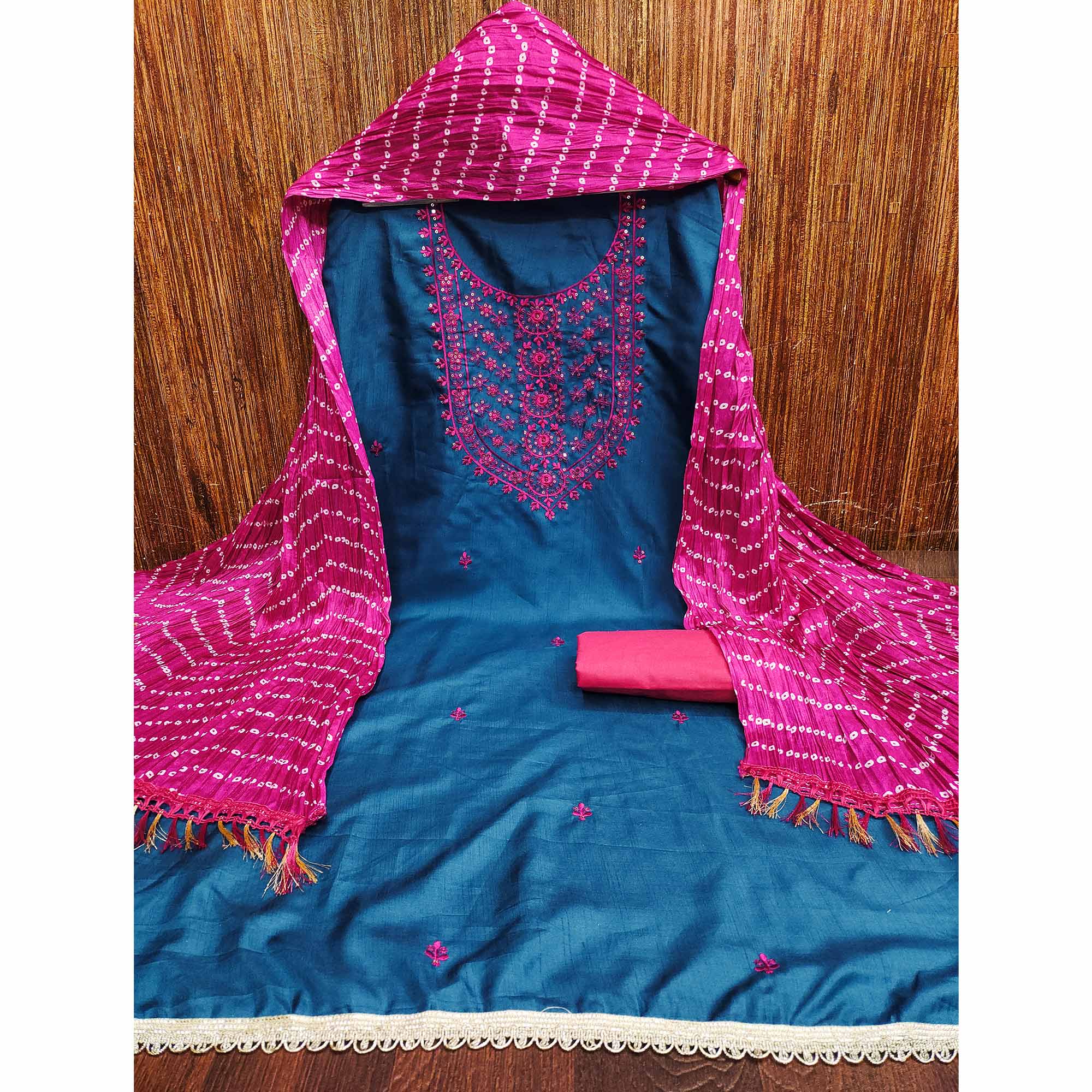 Unstitched Teal Cotton Dress Material Enhanced with Thread Embroidery