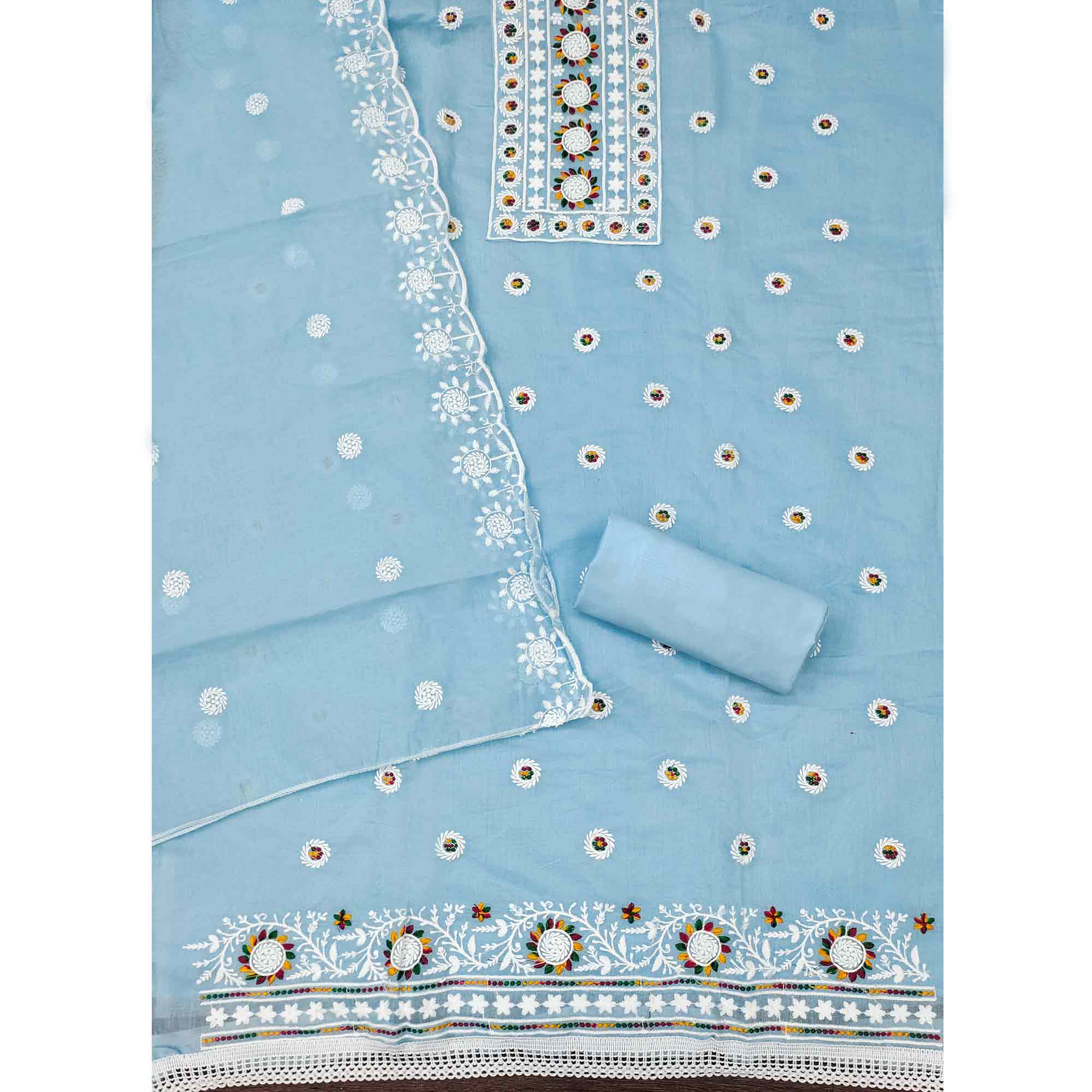 Blue Embroidered Cotton Blend Suit Fabric with Soft Floral Detailing