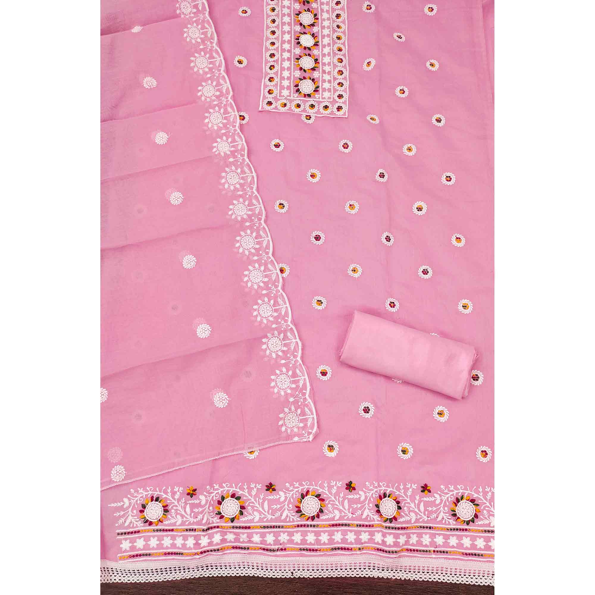 Pink Embroidered Cotton Blend Suit Fabric with Soft Floral Detailing