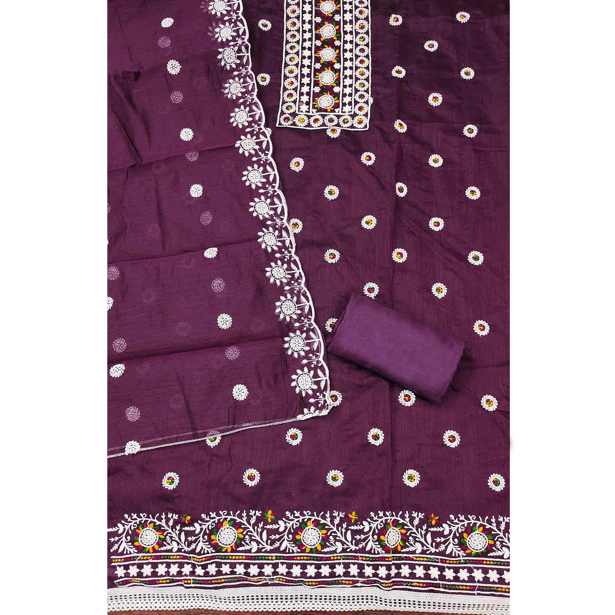 Wine Embroidered Cotton Blend Suit Fabric with Soft Floral Detailing