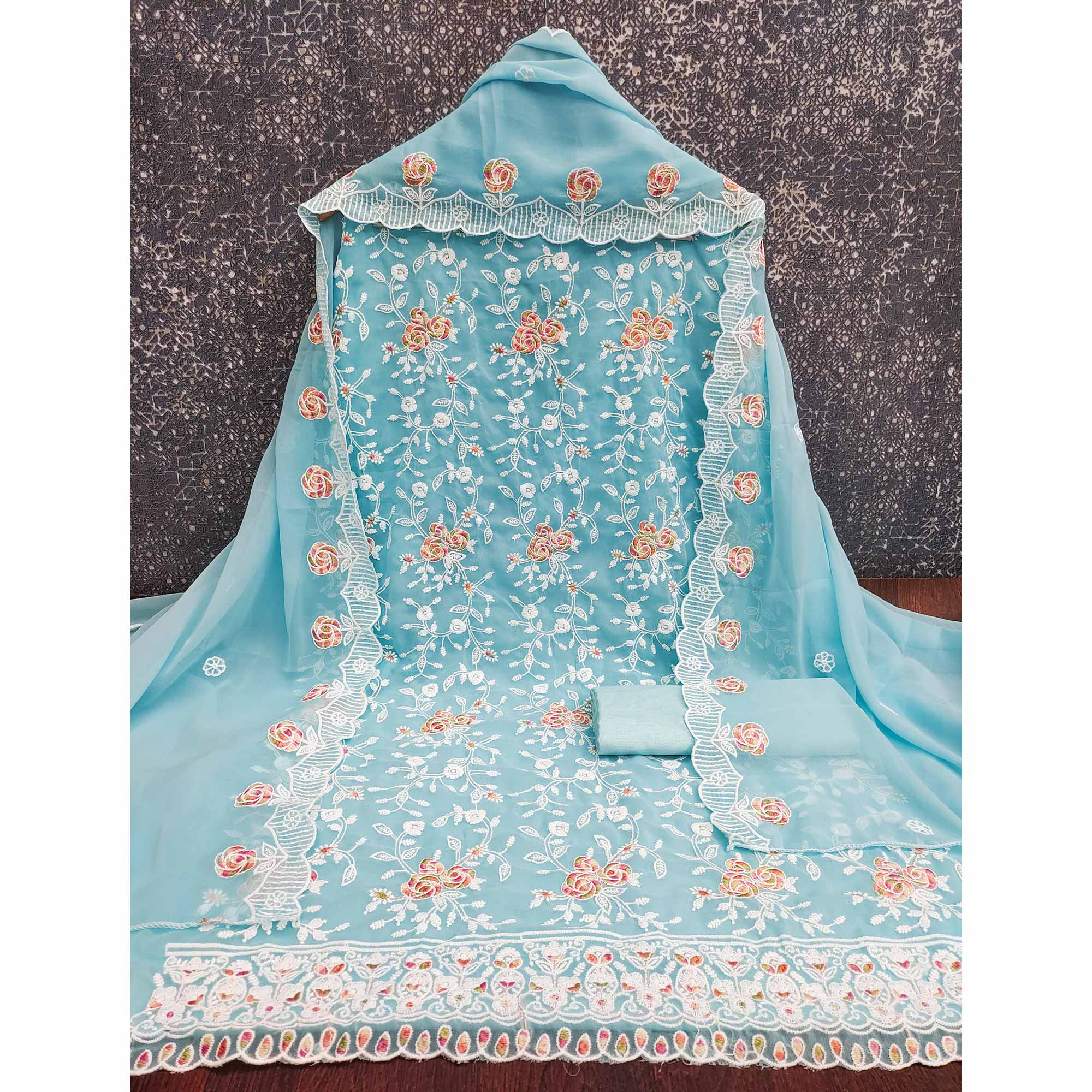 Blue Georgette Dress Material Highlighted With Floral Thread Embroidery