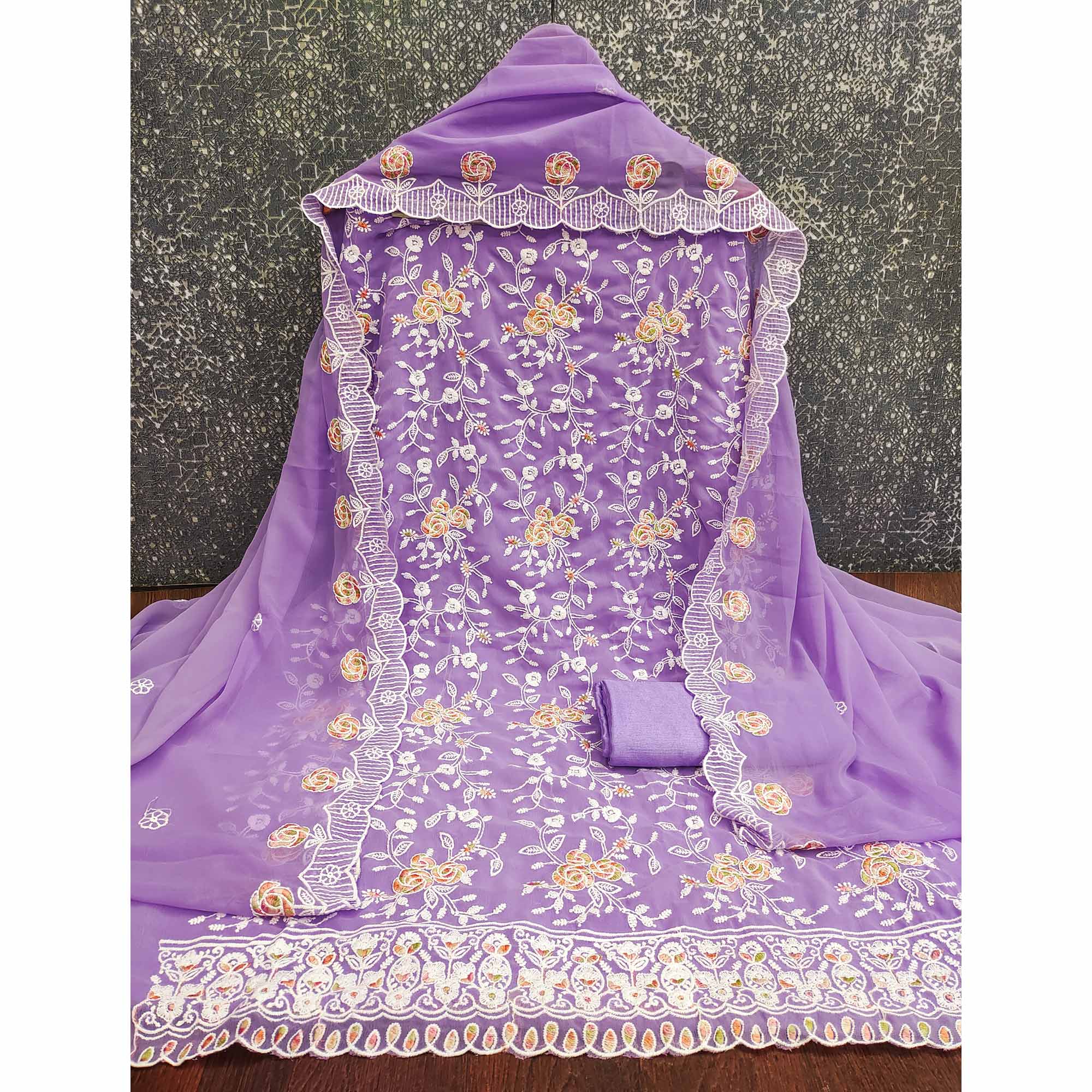 Lavender Georgette Dress Material Highlighted With Floral Thread Embroidery