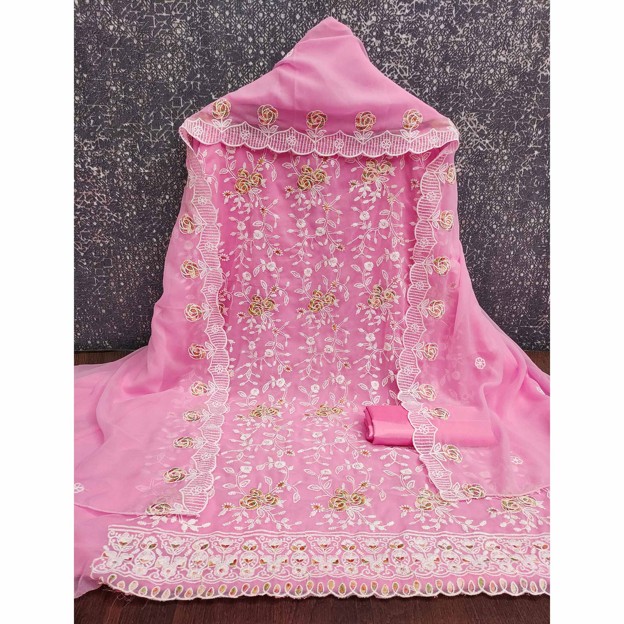 Pink Georgette Dress Material Highlighted With Floral Thread Embroidery