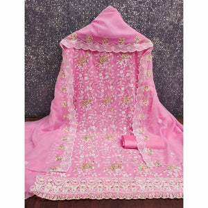 Pink Georgette Dress Material Highlighted With Floral Thread Embroidery