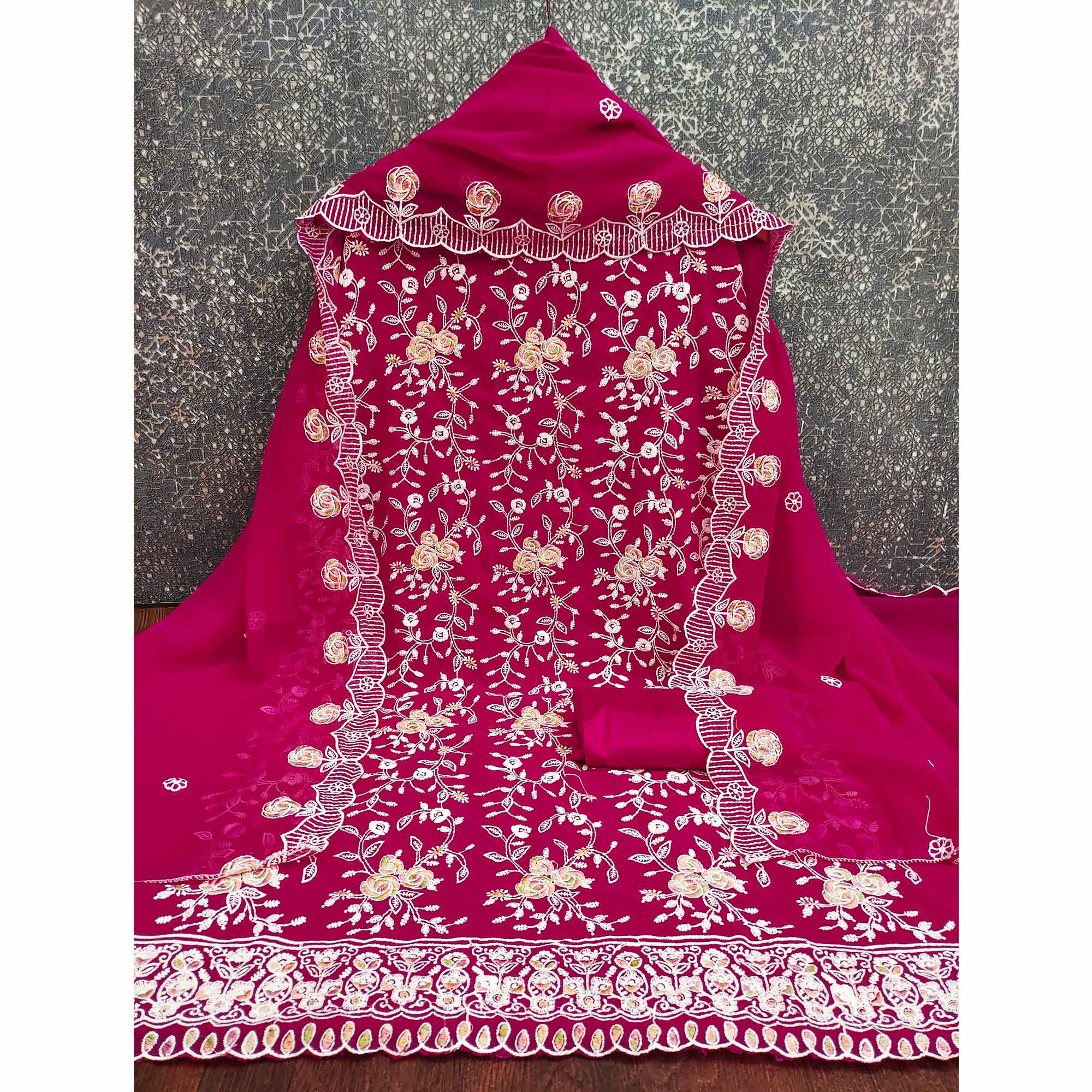 Rani Pink Georgette Dress Material Highlighted With Floral Thread Embroidery