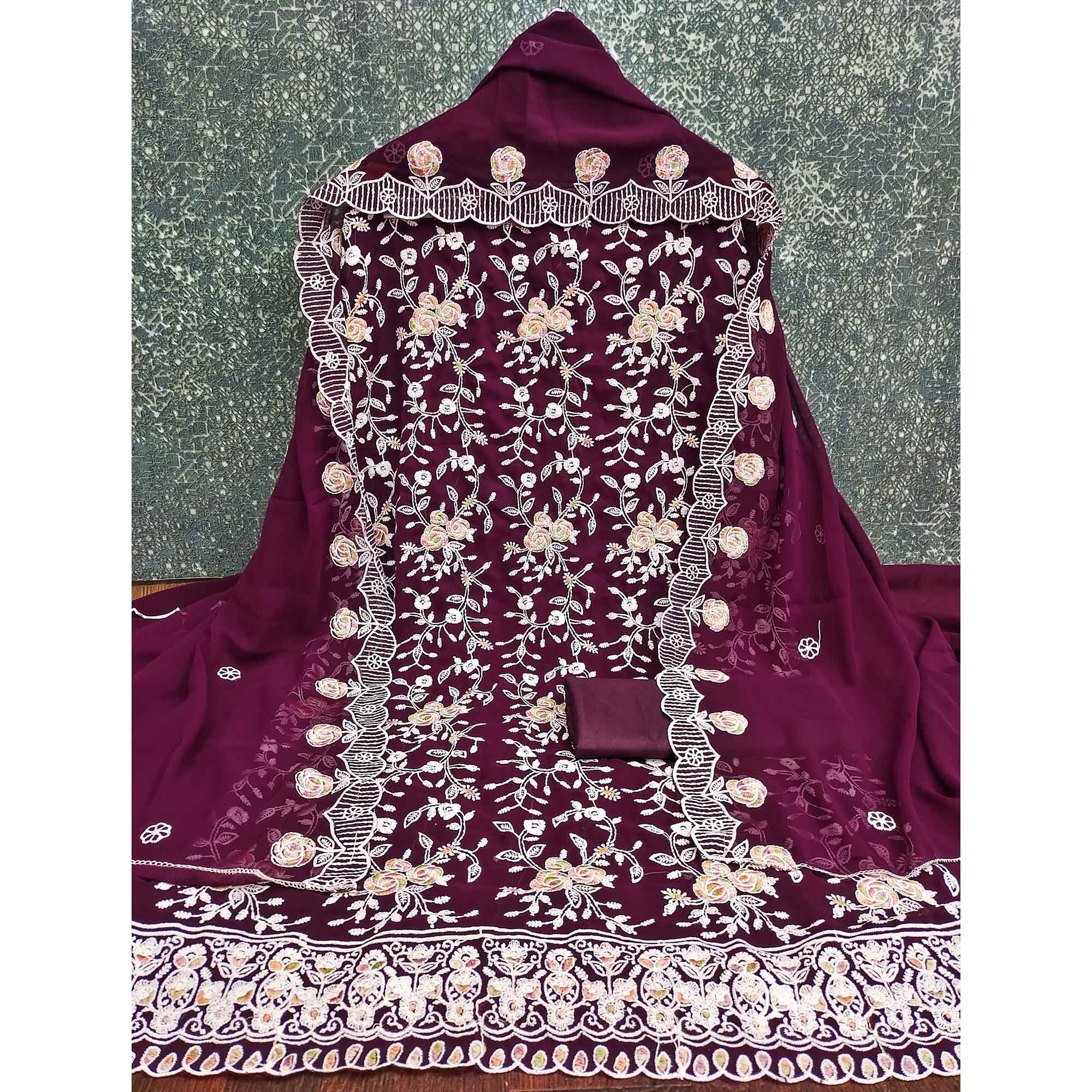 Wine Georgette Dress Material Highlighted With Floral Thread Embroidery