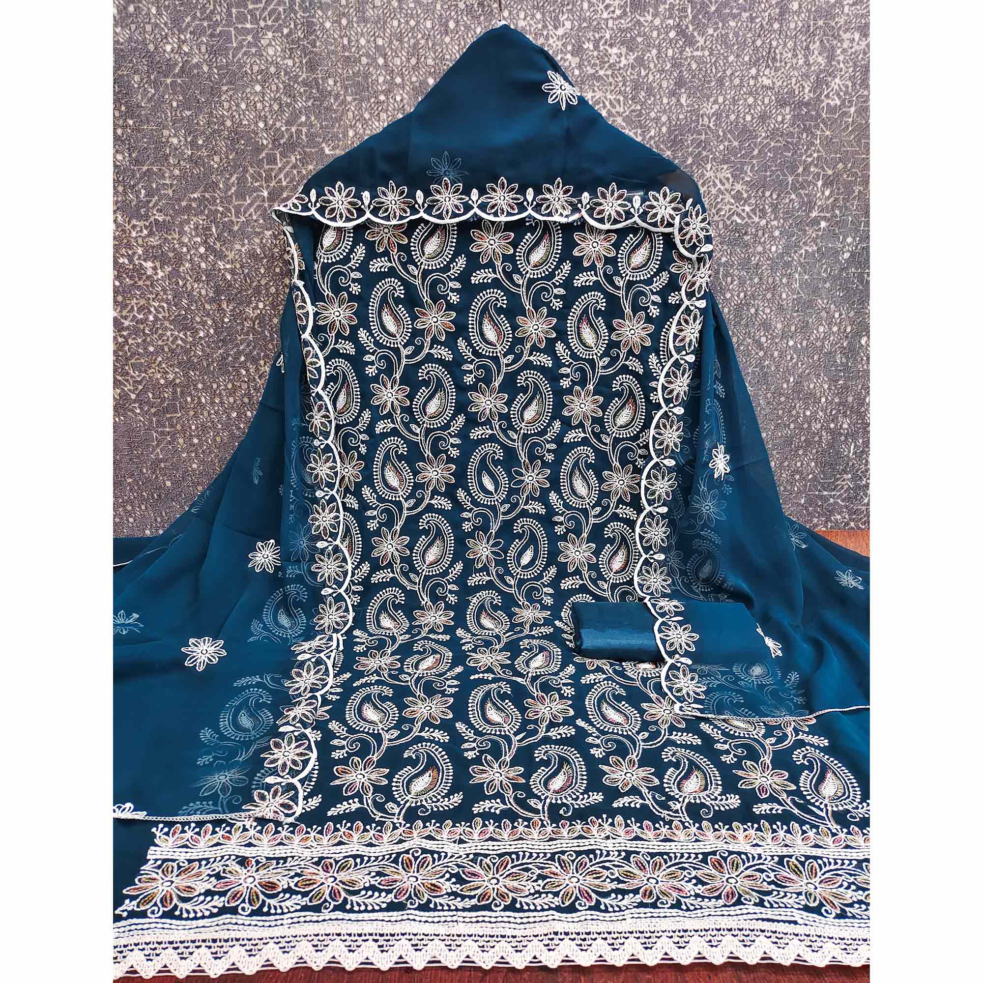 Blue Georgette Dress Material Highlighted With Paisley & Floral Thread Embroidery