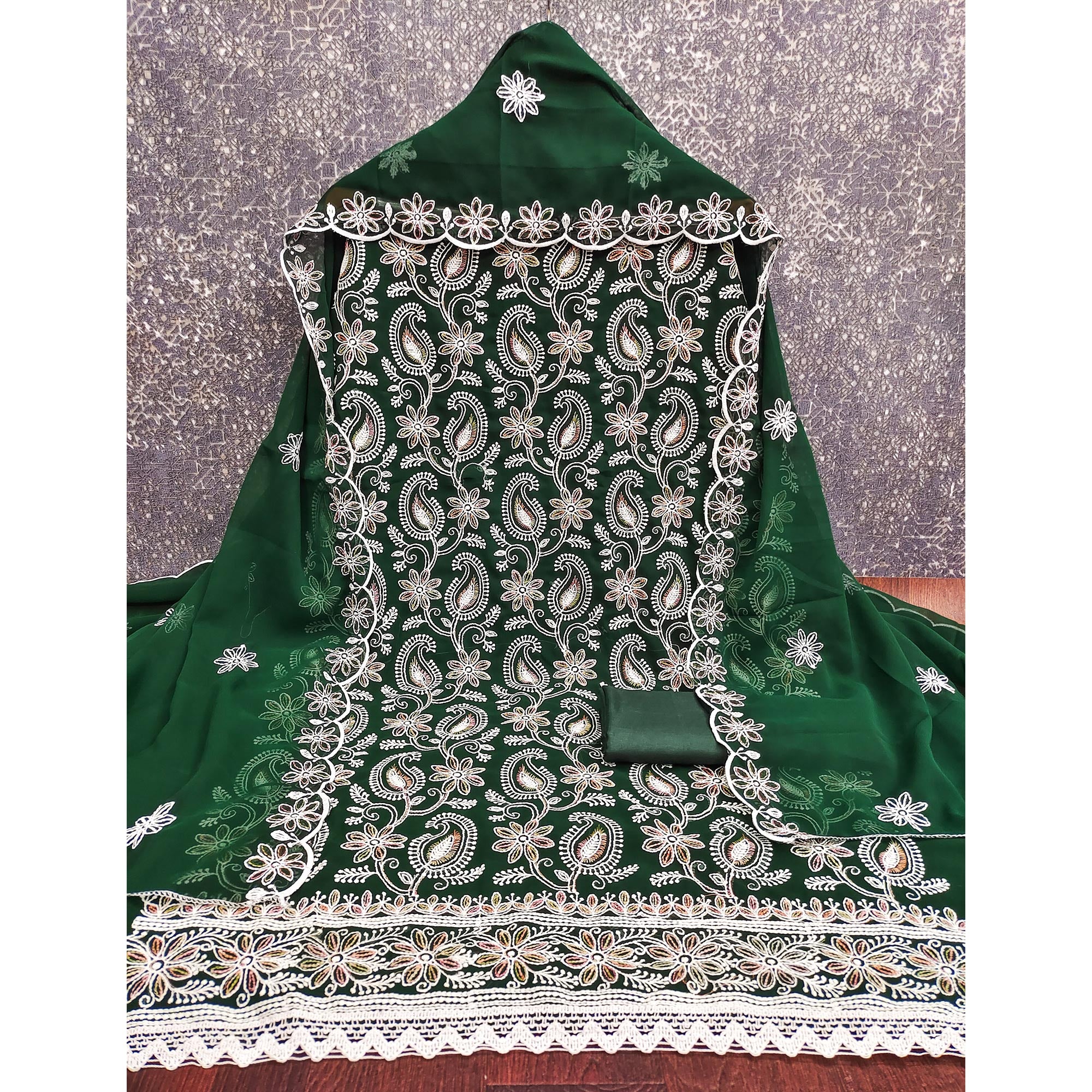 Green Georgette Dress Material Highlighted With Paisley & Floral Thread Embroidery