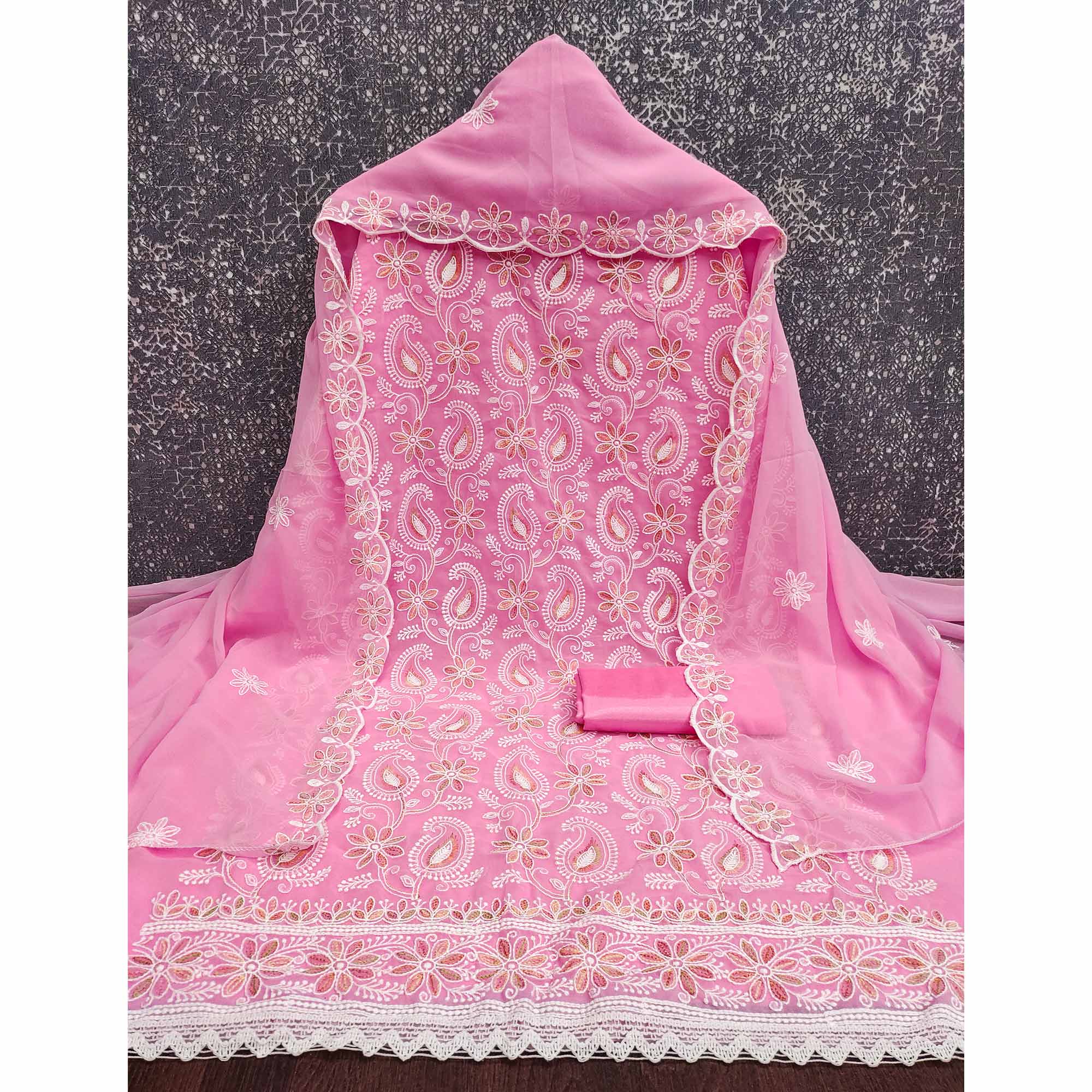 Pink Georgette Dress Material Highlighted With Paisley & Floral Thread Embroidery