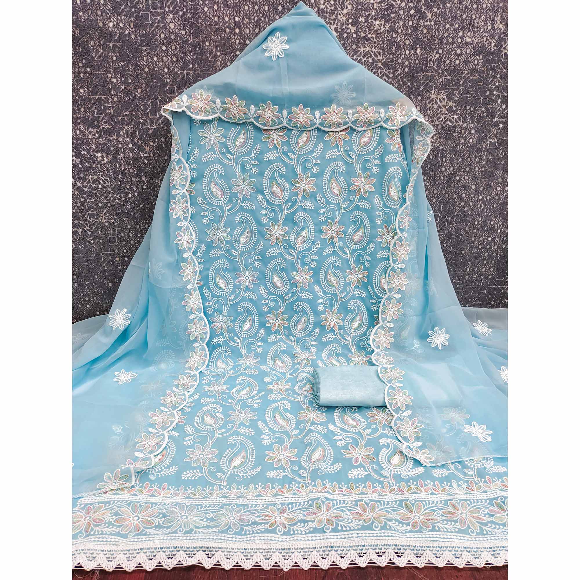 Sky Blue Georgette Dress Material Highlighted With Paisley & Floral Thread Embroidery