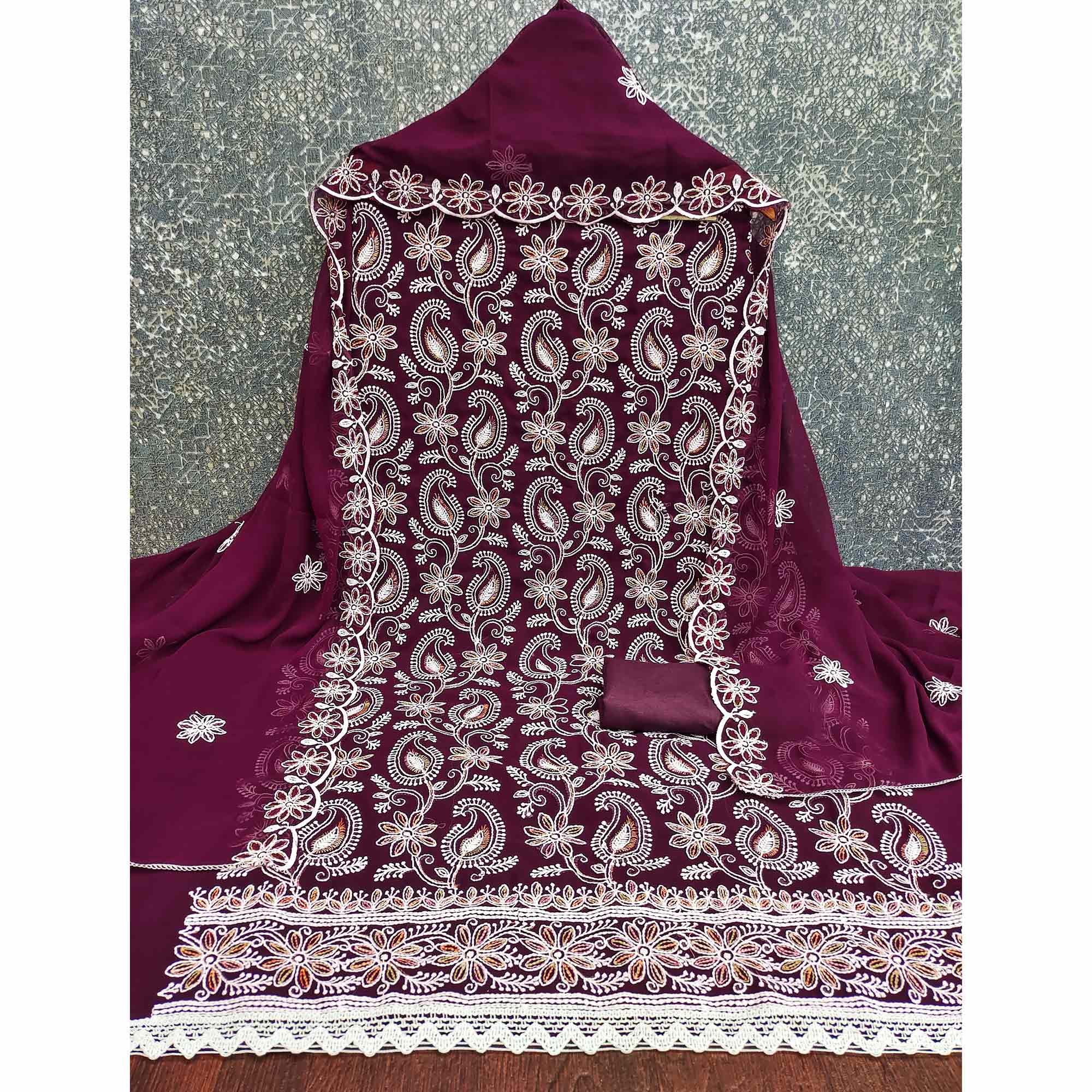 Wine Georgette Dress Material Highlighted With Paisley & Floral Thread Embroidery