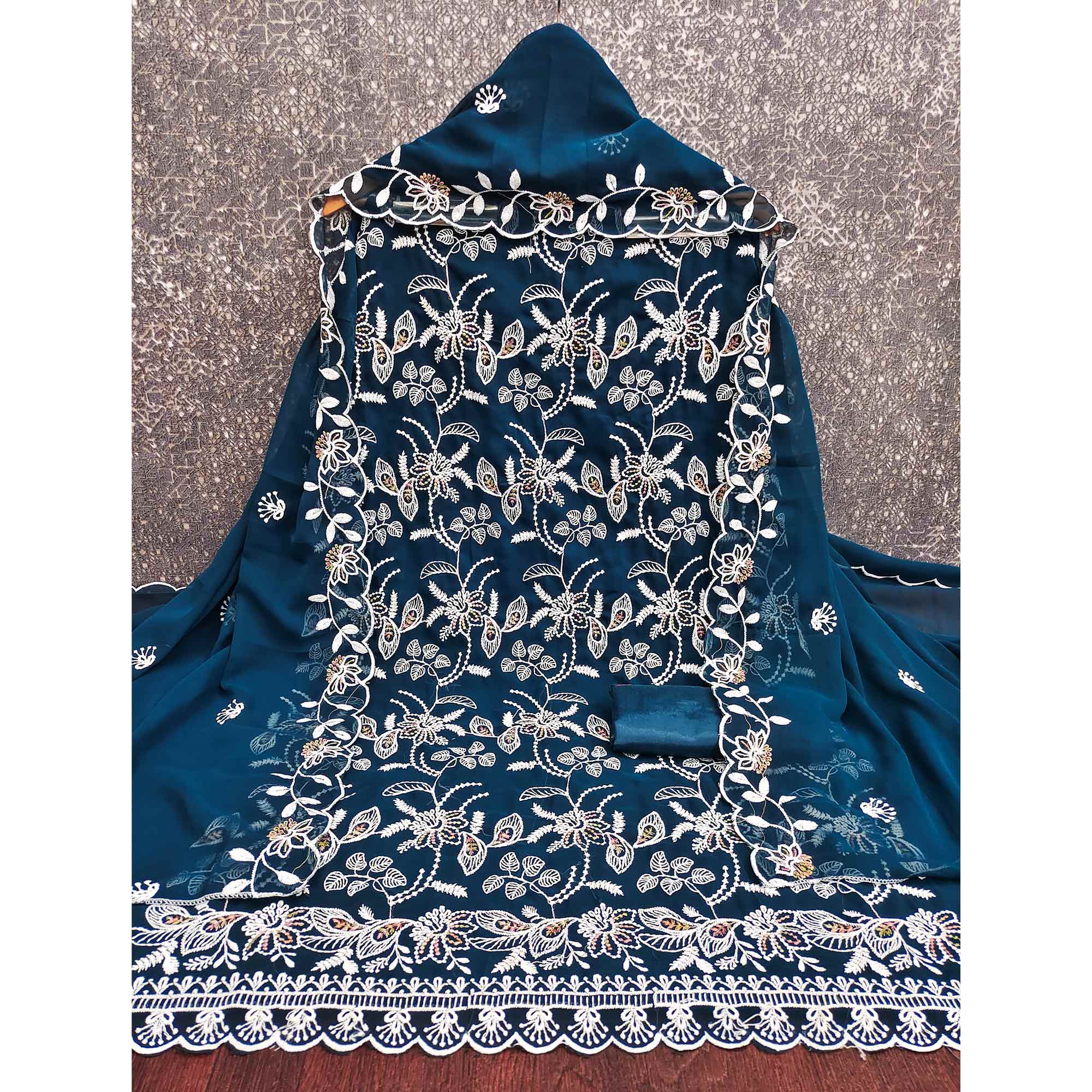 Blue Georgette Dress Material Accented With Floral Thread Work
