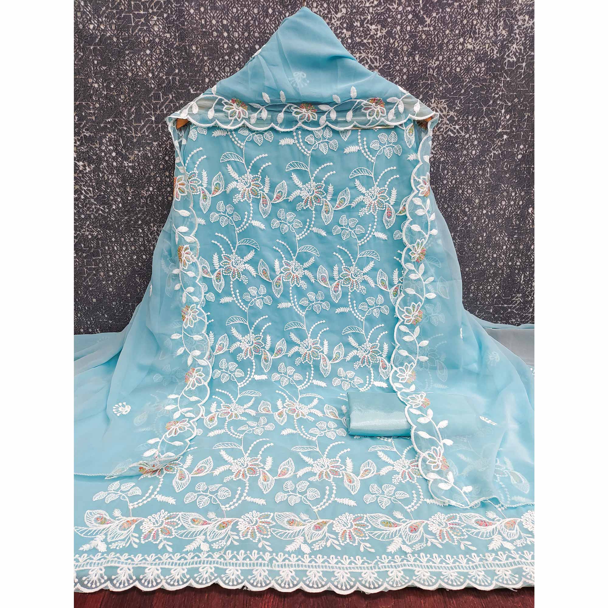 Sky Blue Georgette Dress Material Accented With Floral Thread Work