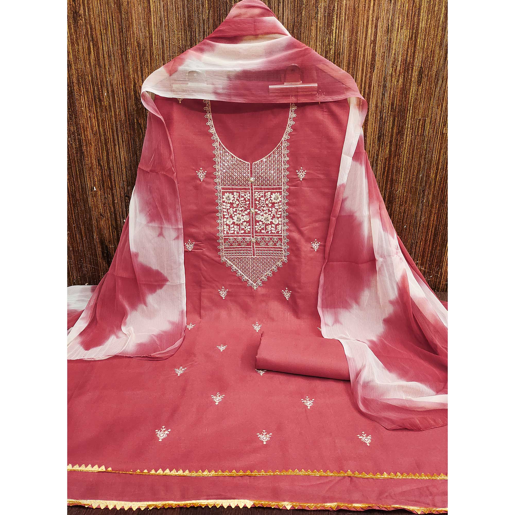 Gajari Pink Floral Thread Embroidered Cotton Blend Dress Material With Sequins Work