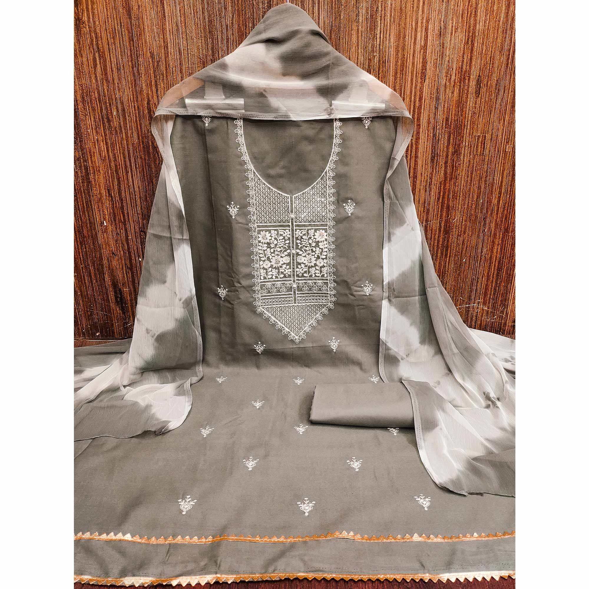 Grey Floral Thread Embroidered Cotton Blend Dress Material With Sequins Work