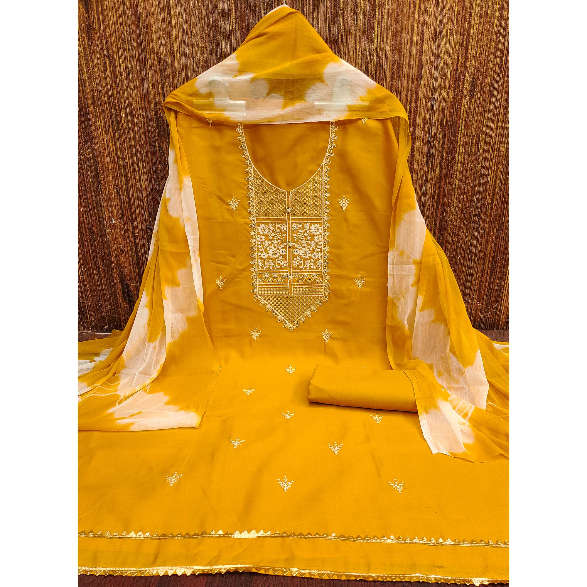 Mustard Floral Thread Embroidered Cotton Blend Dress Material With Sequins Work