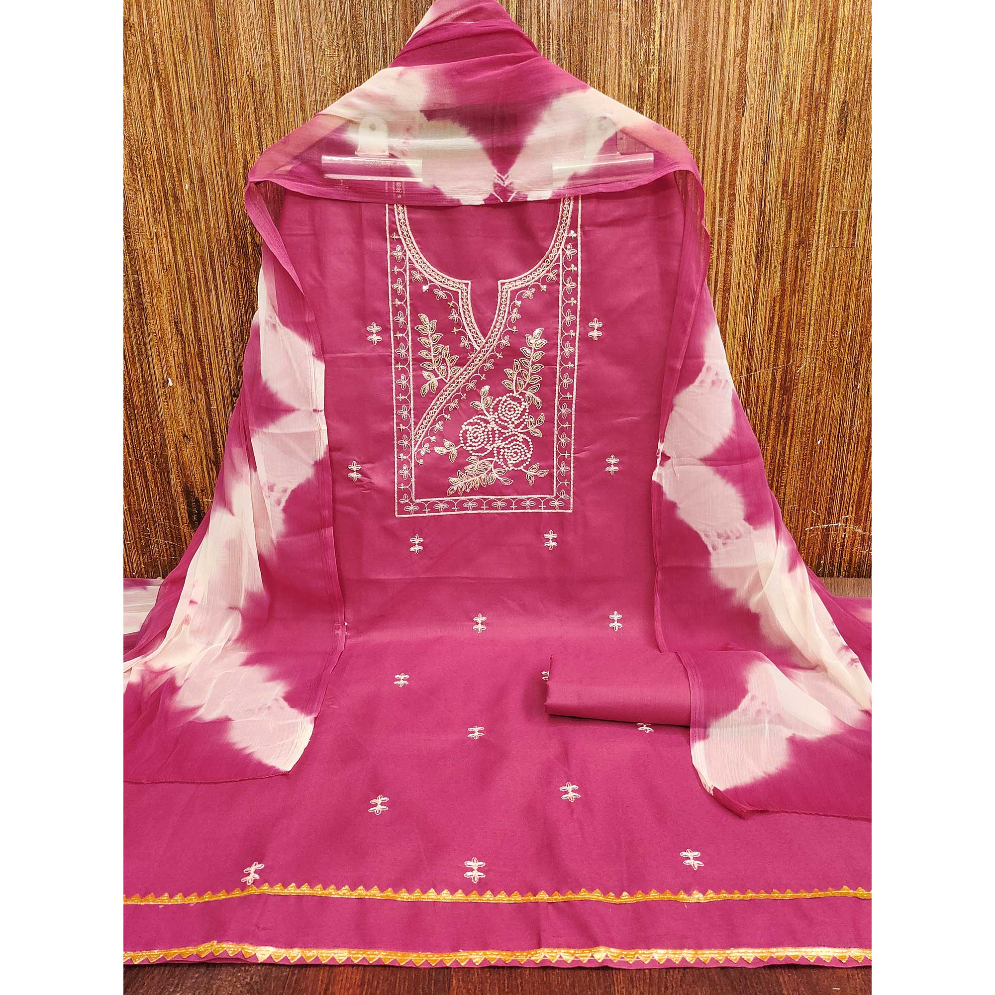 Pink Cotton Blend Dress Material Highlighted With Floral Thread & Sequins Work