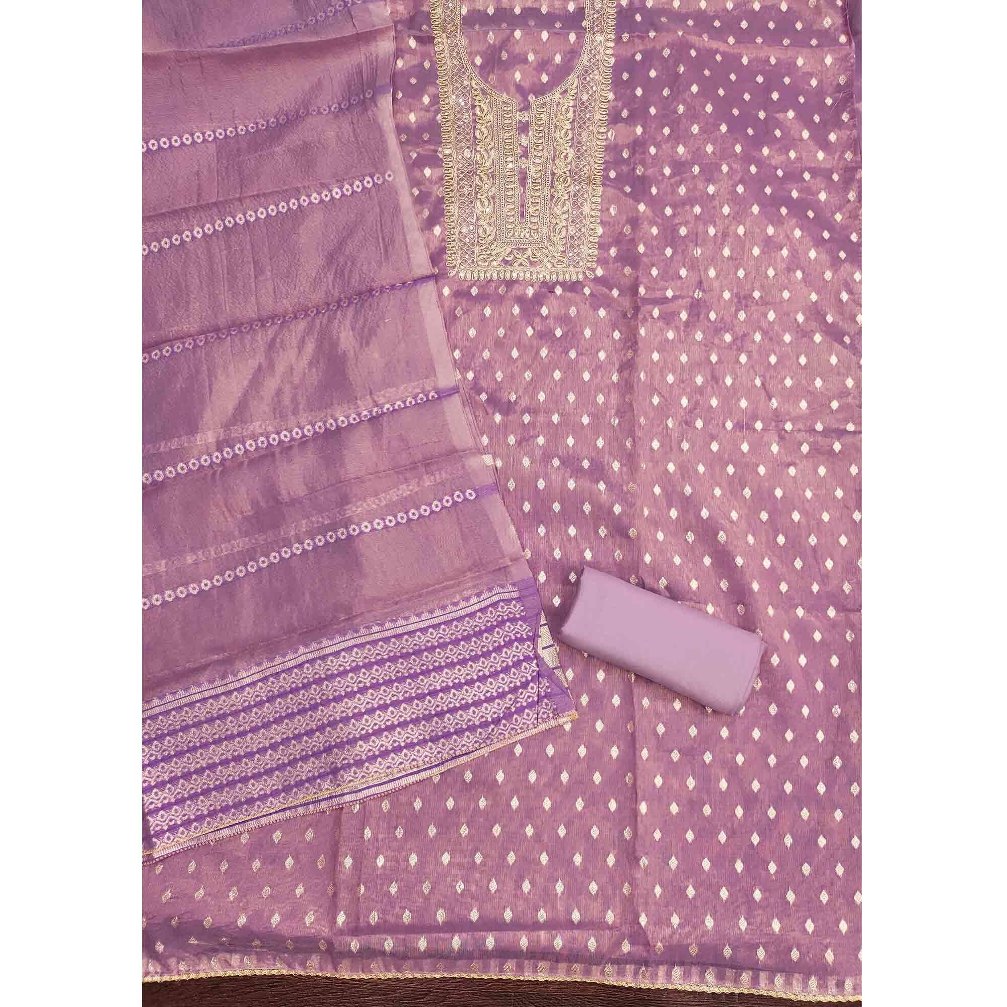 Classic Lavender Butti Weaving Shimmer Dress Material Enhanced With Sequins Cording Embroidery