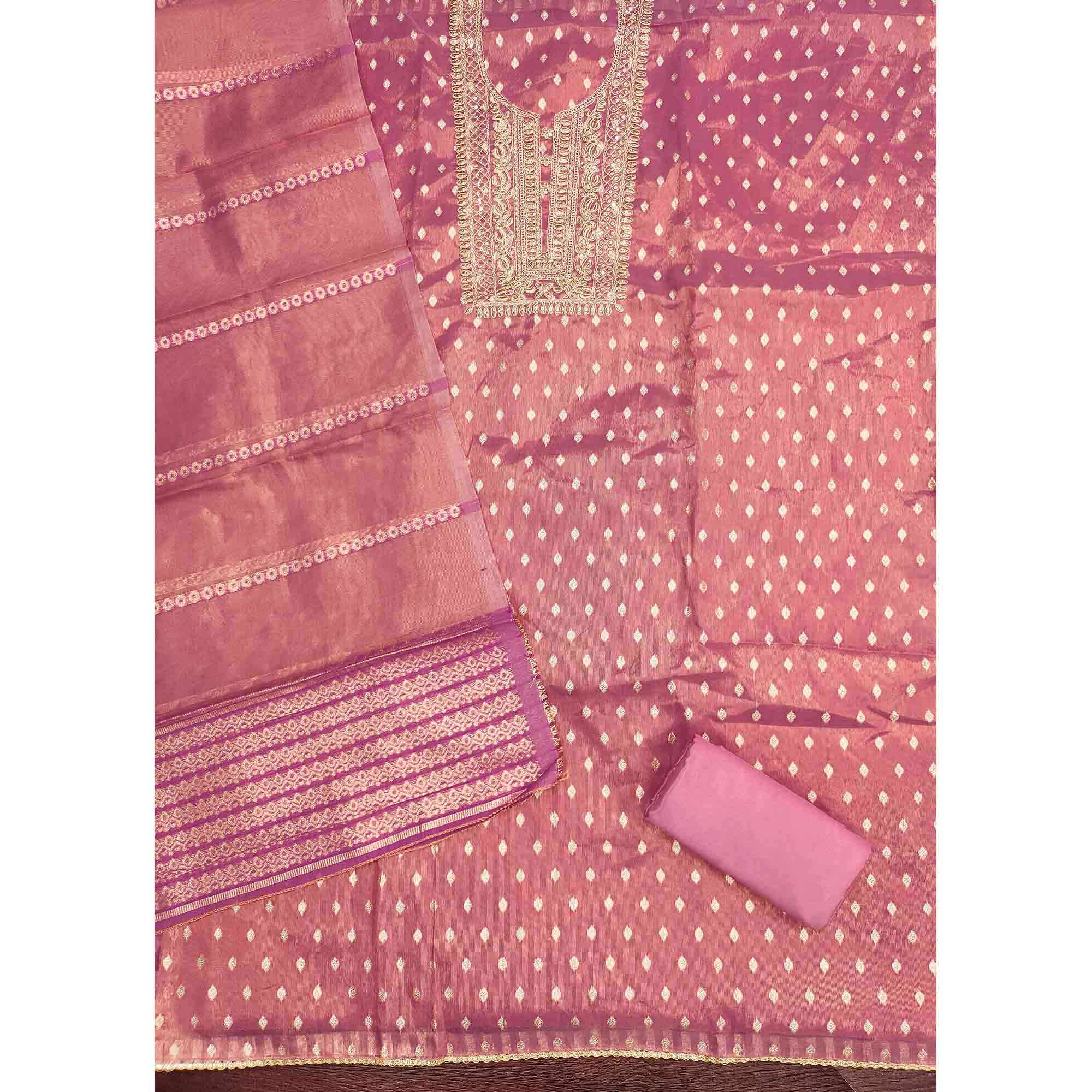 Classic Pink Butti Weaving Shimmer Dress Material Enhanced With Sequins Cording Embroidery