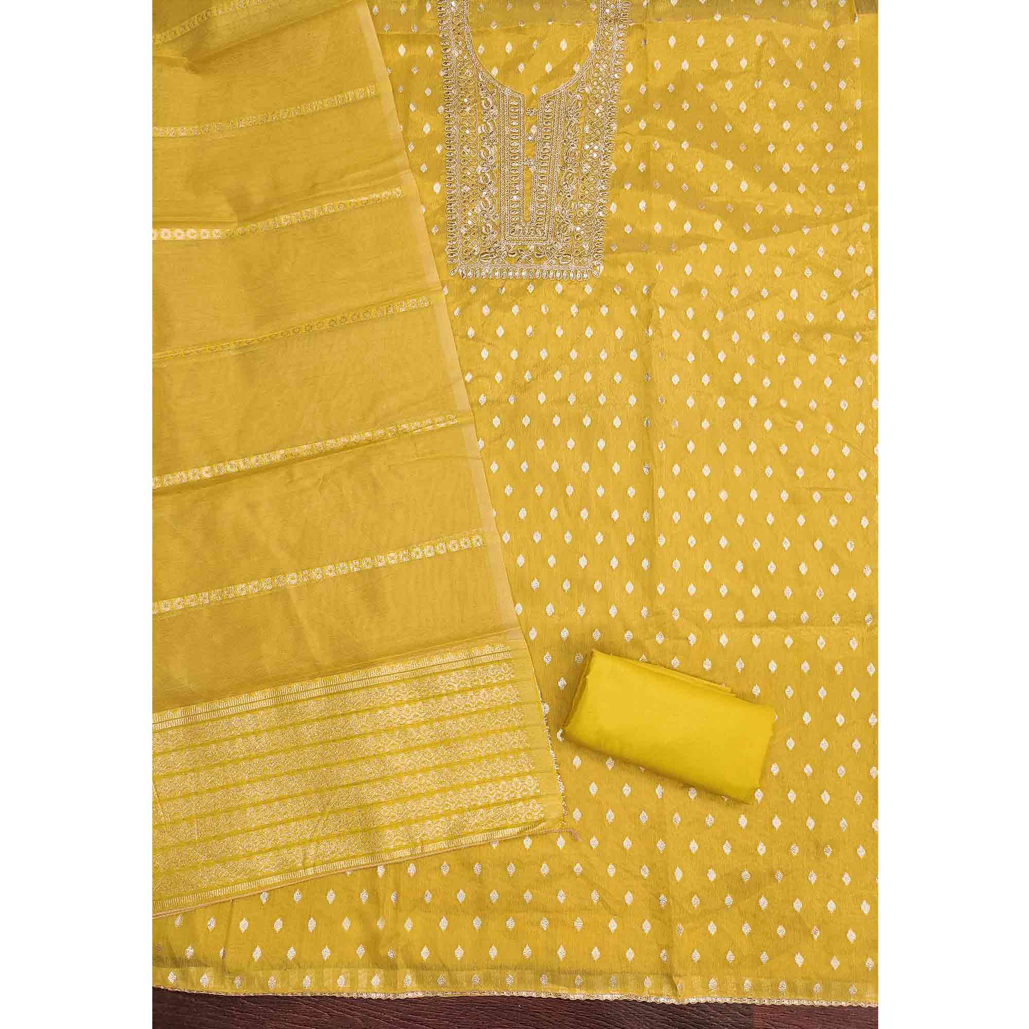 Classic Yellow Butti Weaving Shimmer Dress Material Enhanced With Sequins Cording Embroidery