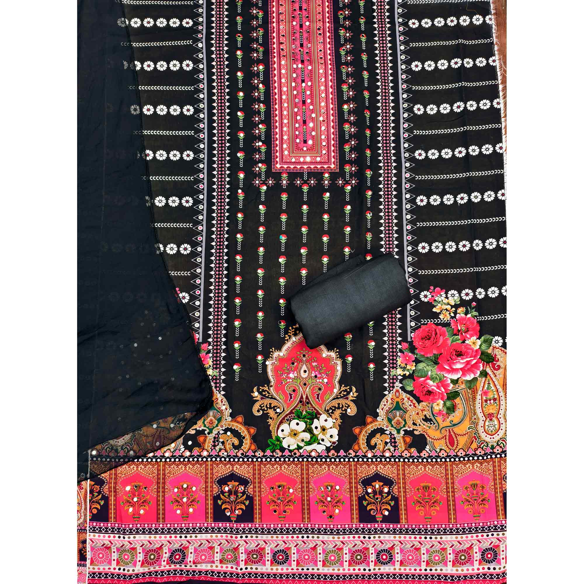 Black Floral Printed Rayon Fabric Set with Decorative Mirror Work for a Festive Look