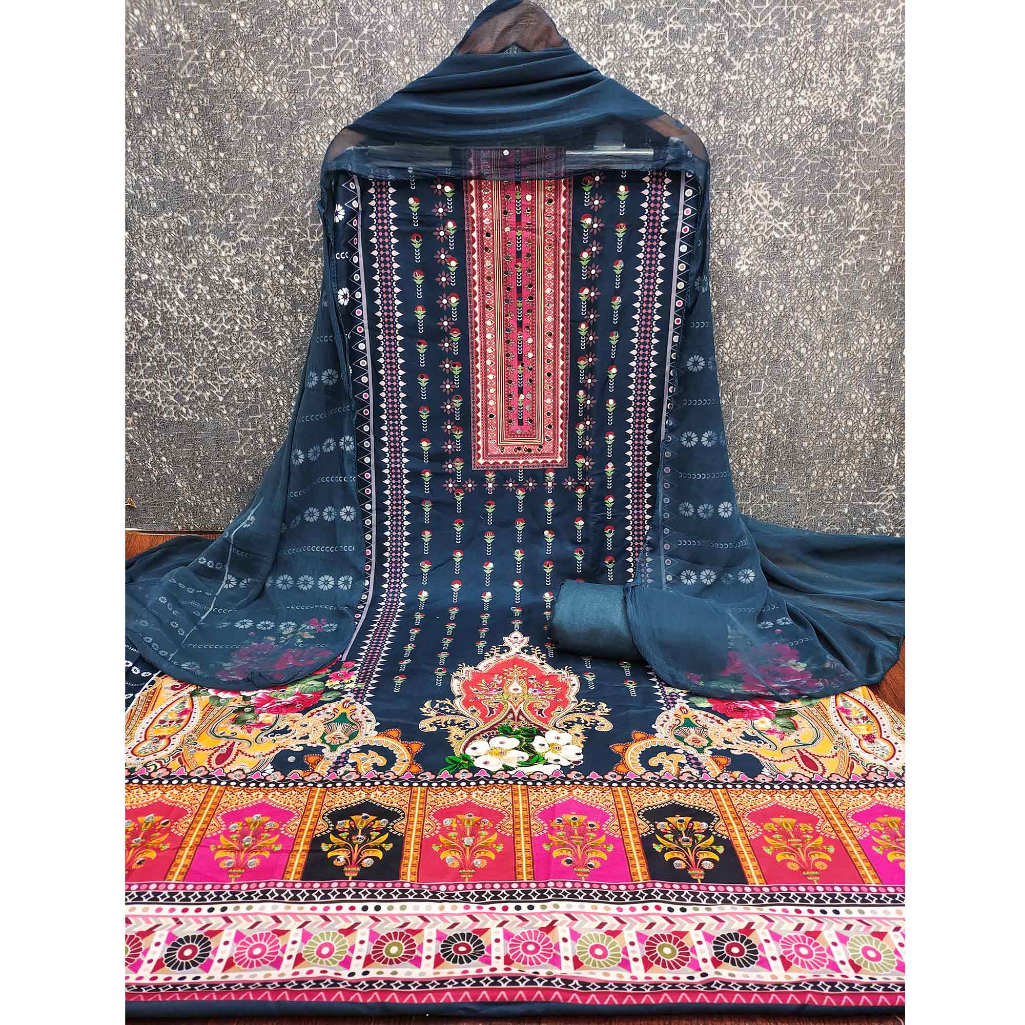 Dark Teal Floral Printed Rayon Fabric Set with Decorative Mirror Work for a Festive Look