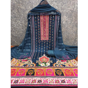 Dark Teal Floral Printed Rayon Fabric Set with Decorative Mirror Work for a Festive Look