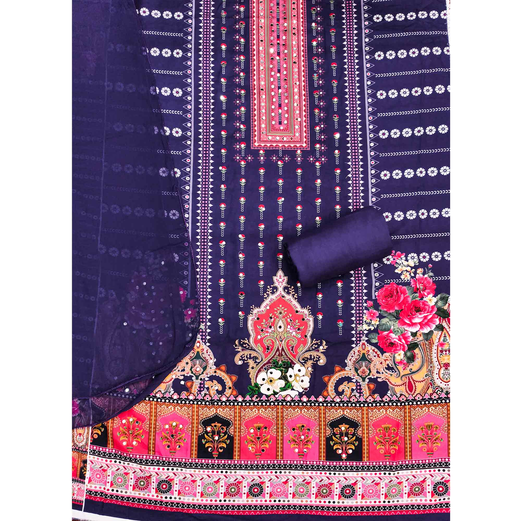 Purple Floral Printed Rayon Fabric Set with Decorative Mirror Work for a Festive Look