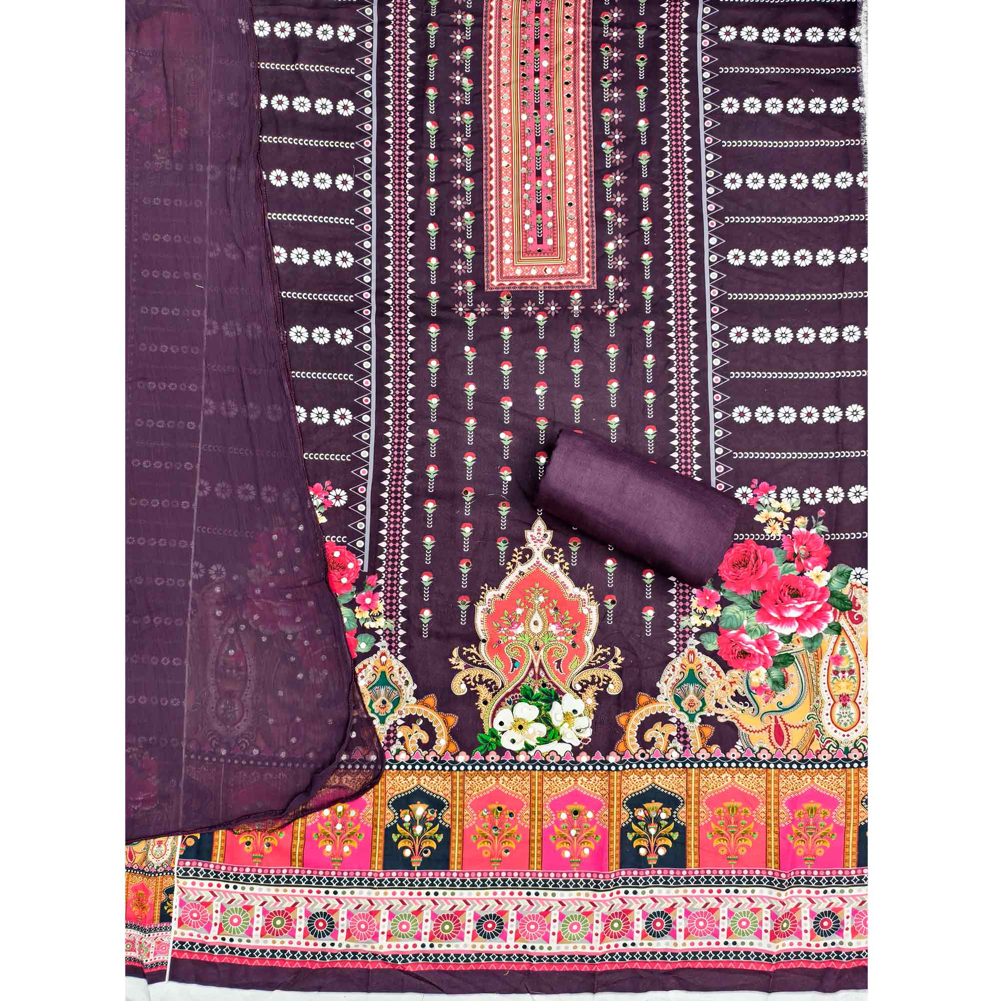 Wine Floral Printed Rayon Fabric Set with Decorative Mirror Work for a Festive Look