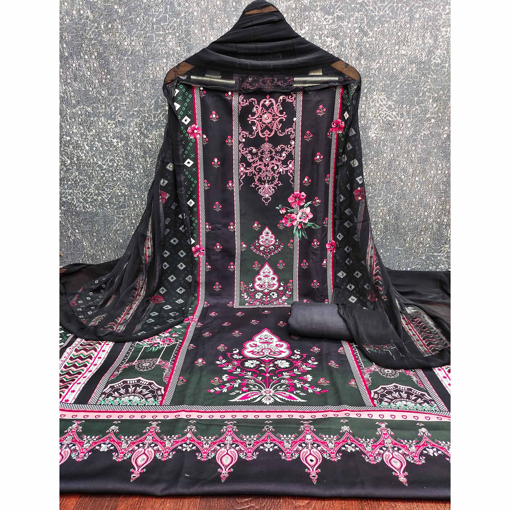 Black & Pink Floral Digital Printed Rayon Dress Material Enhanced With Mirror Work