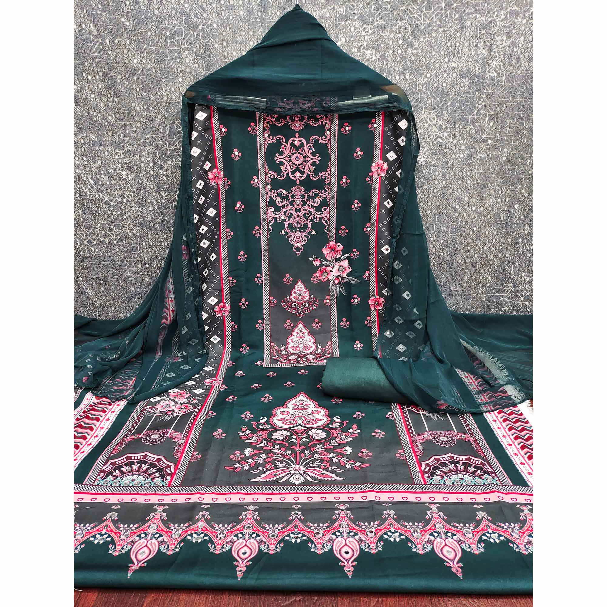 Green Floral Digital Printed Rayon Dress Material Enhanced With Mirror Work