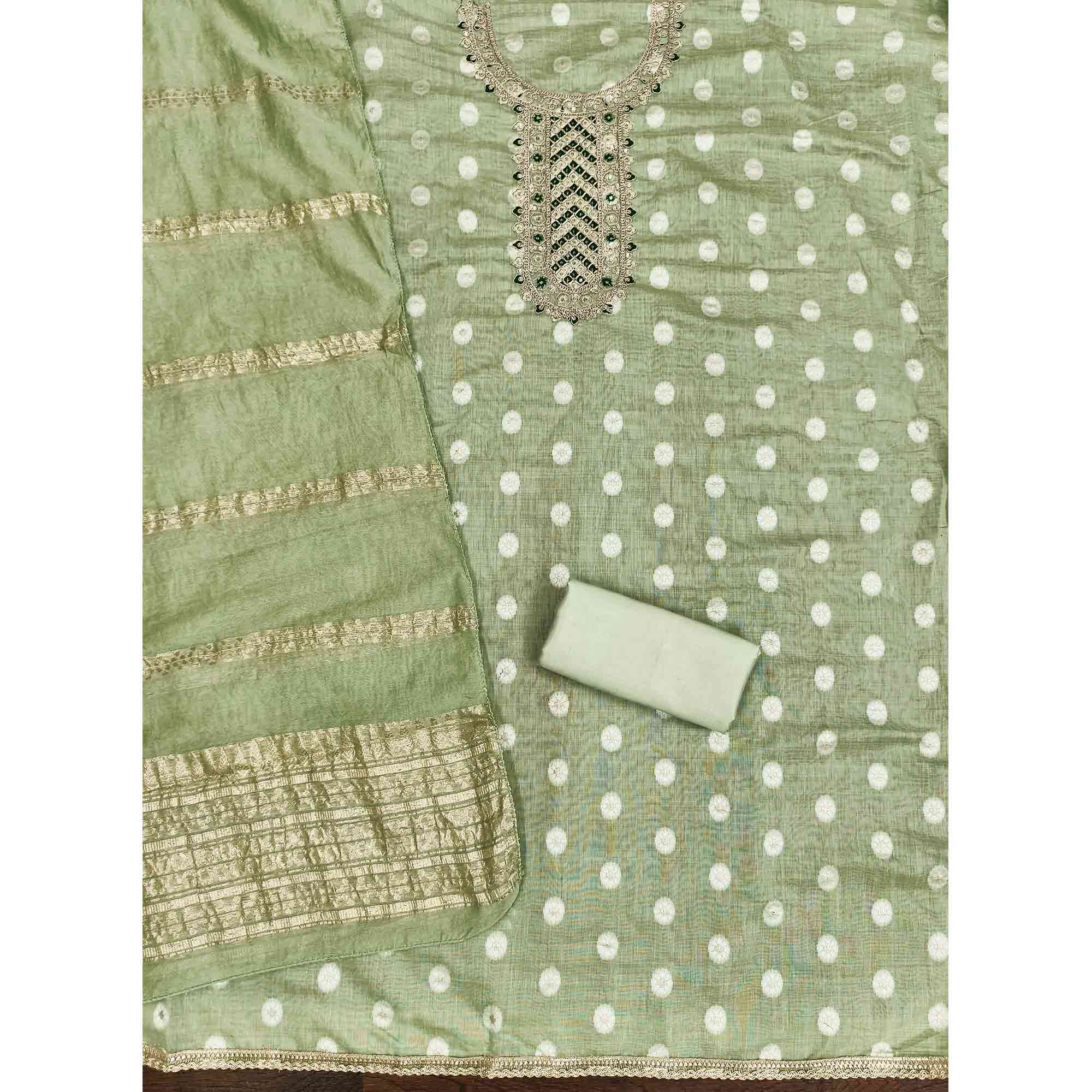 Graceful Pista Green Jacquard Dress Material Featuring Floral Weaving & Sequins Cording Embroidery