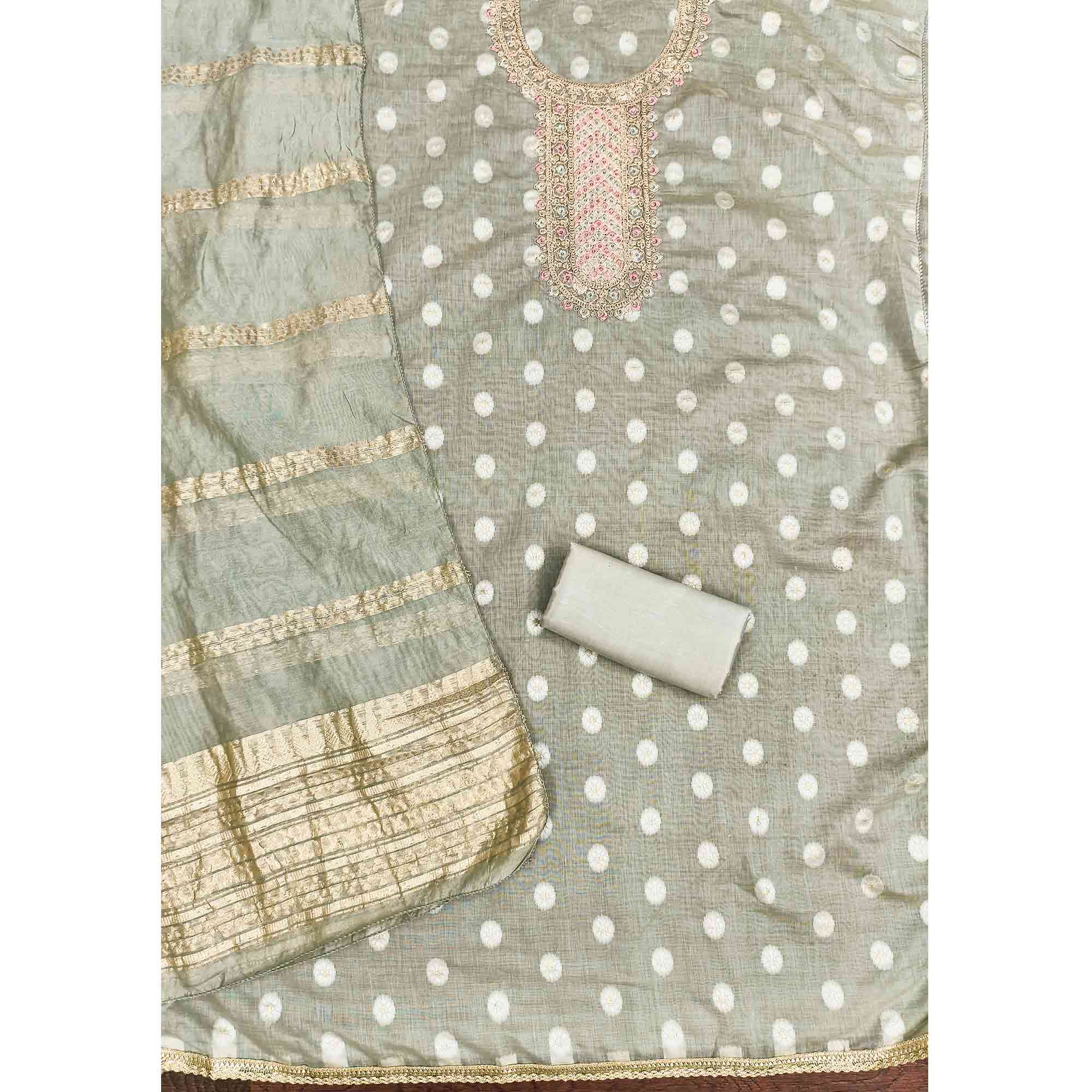 Graceful Sage Green Jacquard Dress Material Featuring Floral Weaving & Sequins Cording Embroidery