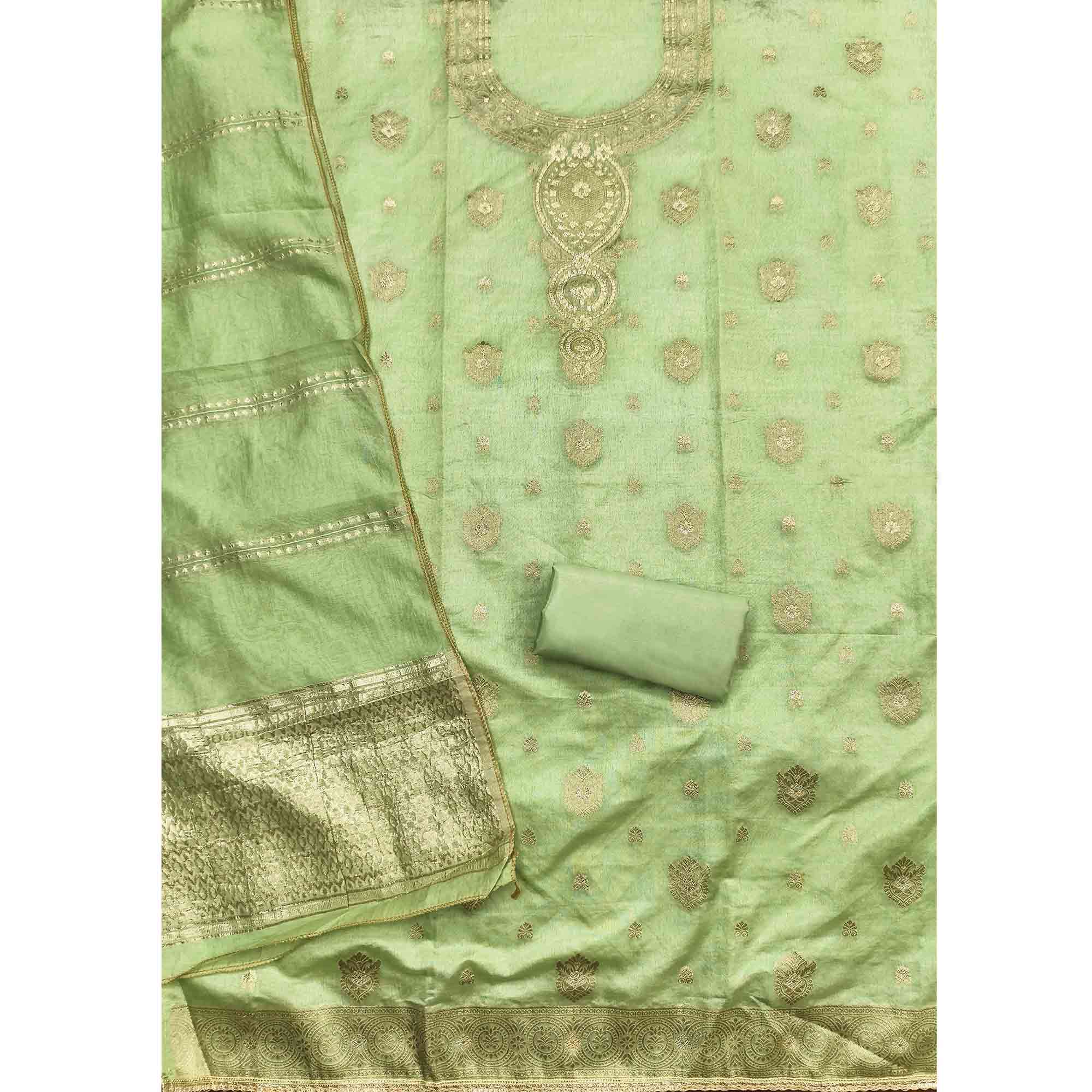 Refined Green Viscose Jacquard Dress Material Featuring Floral Weaving Work