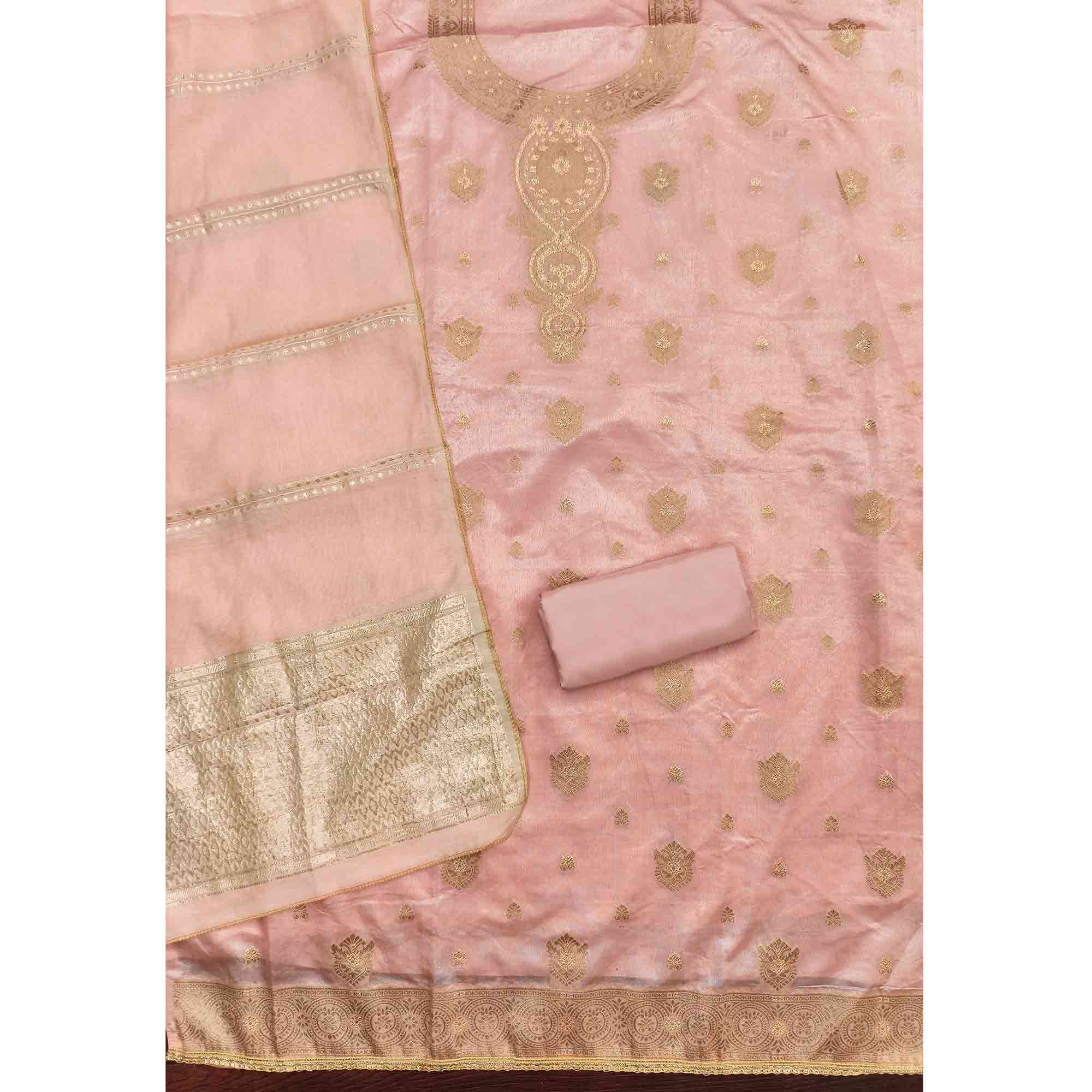 Refined Peach Viscose Jacquard Dress Material Featuring Floral Weaving Work