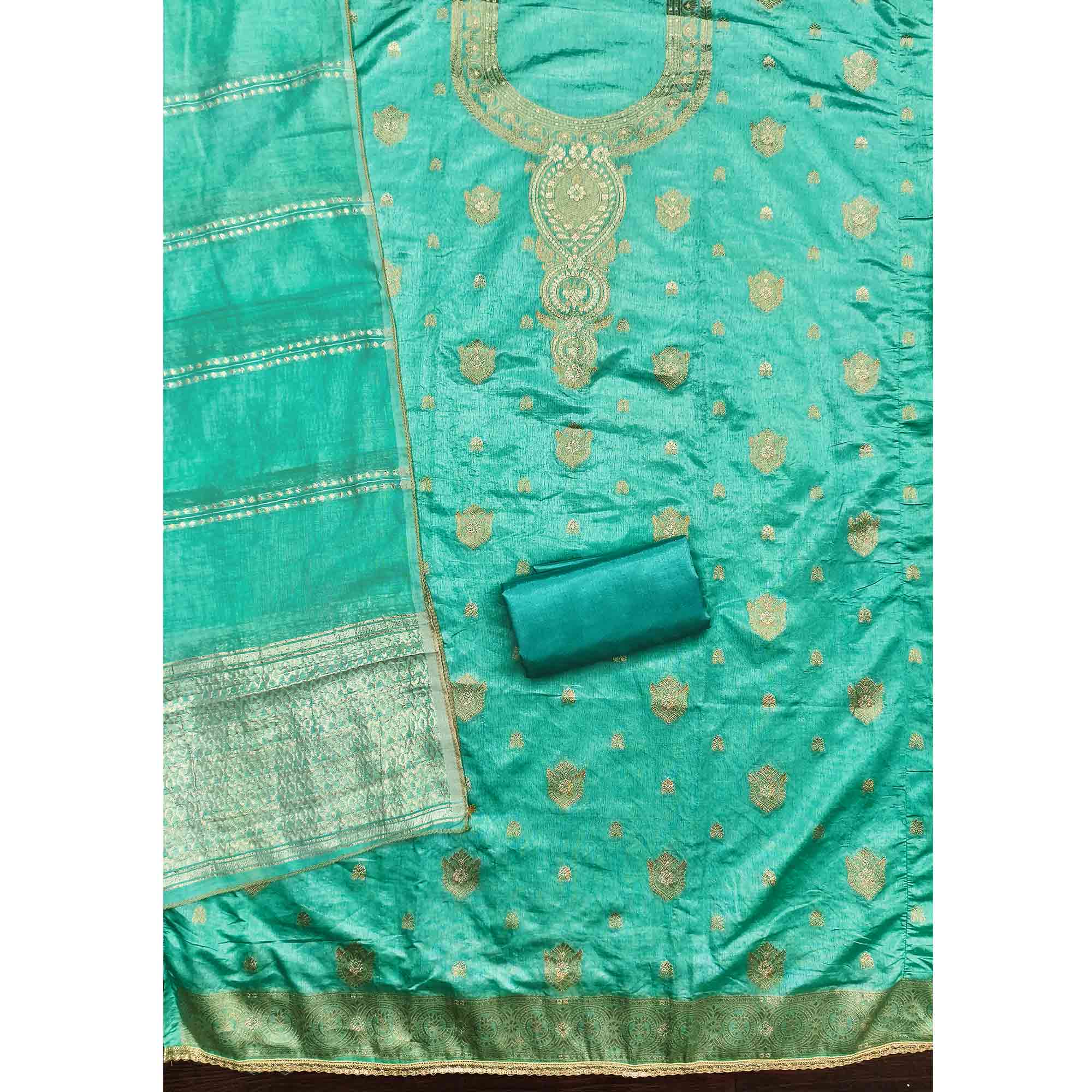 Refined Turquoise Viscose Jacquard Dress Material Featuring Floral Weaving Work