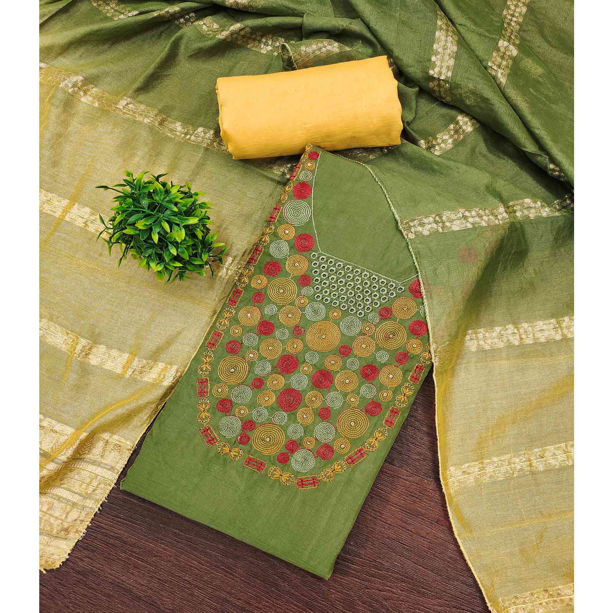 Charming Green Thread Embroidered Cotton Blend Dress Material With Sequins & Gota Patti Accents