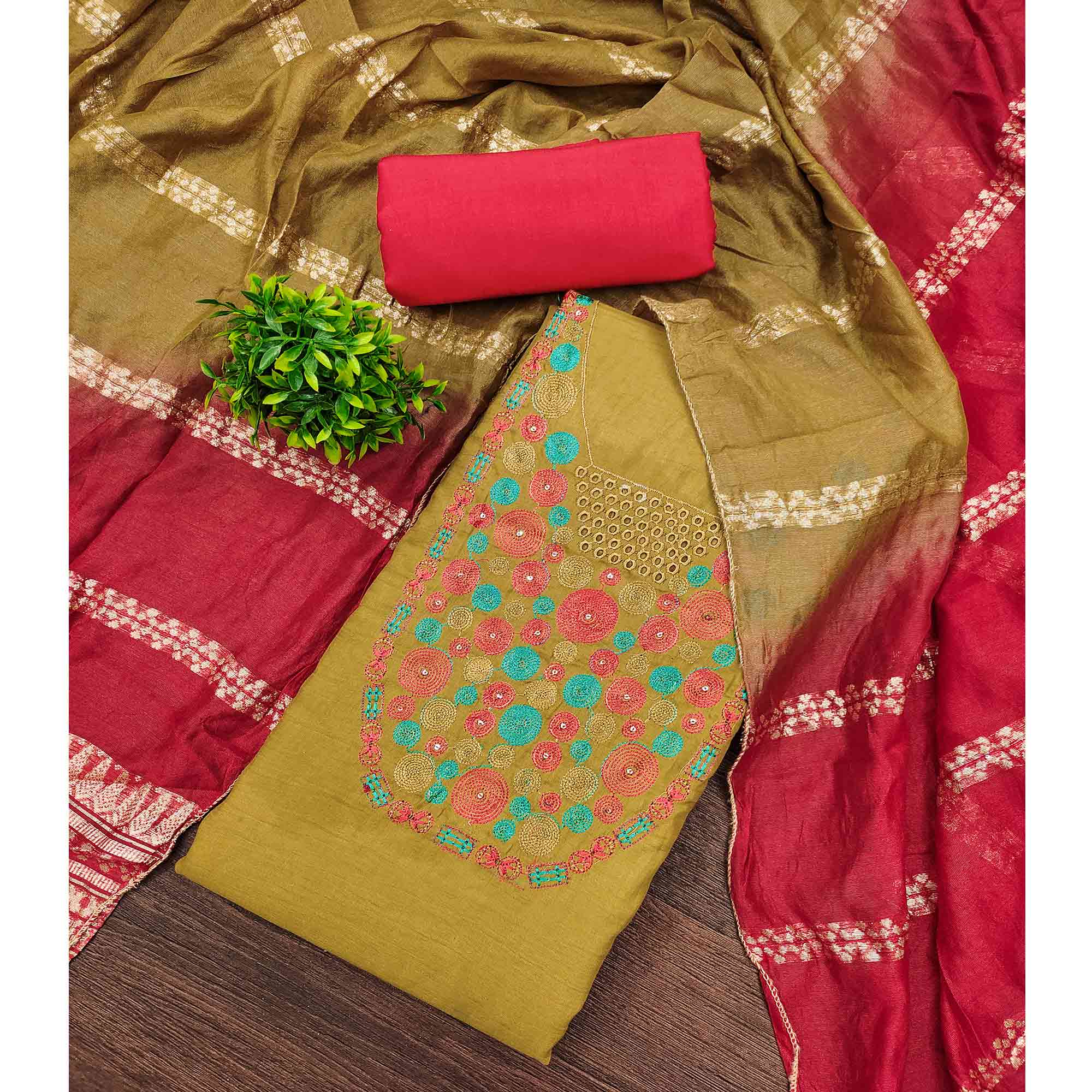 Charming Mustard Thread Embroidered Cotton Blend Dress Material With Sequins & Gota Patti Accents