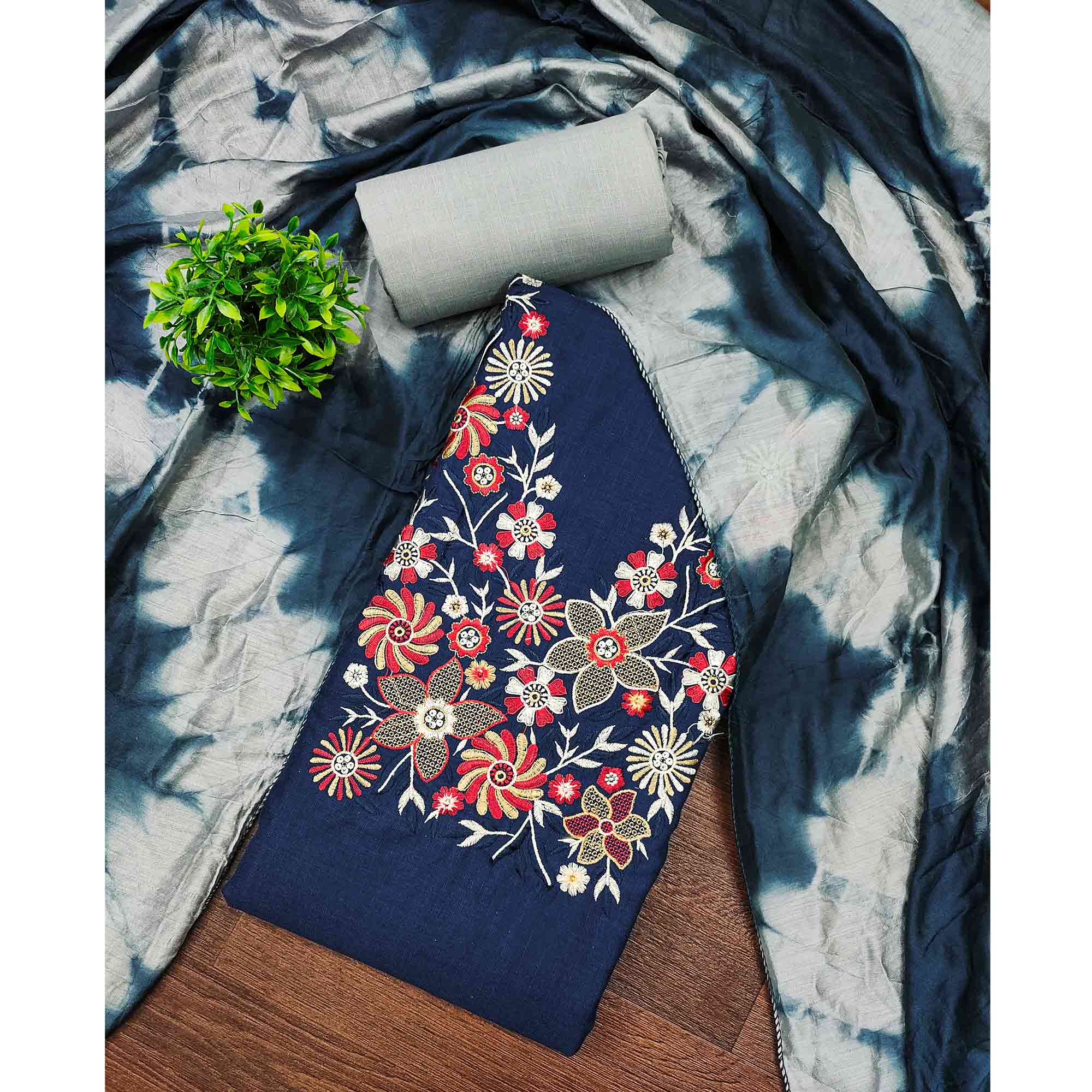 Elegant Blue Floral Thread Embroidered Cotton Blend Dress Material With Gota Patti Work