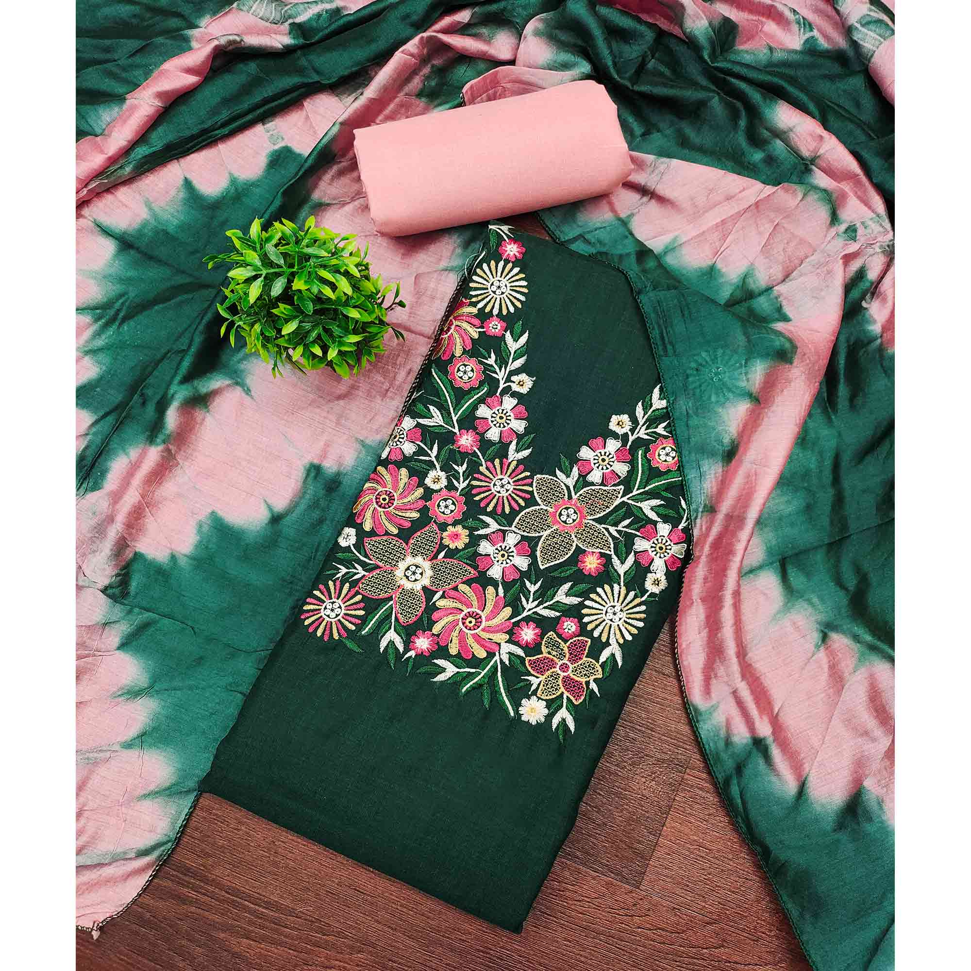Elegant Green Floral Thread Embroidered Cotton Blend Dress Material With Gota Patti Work