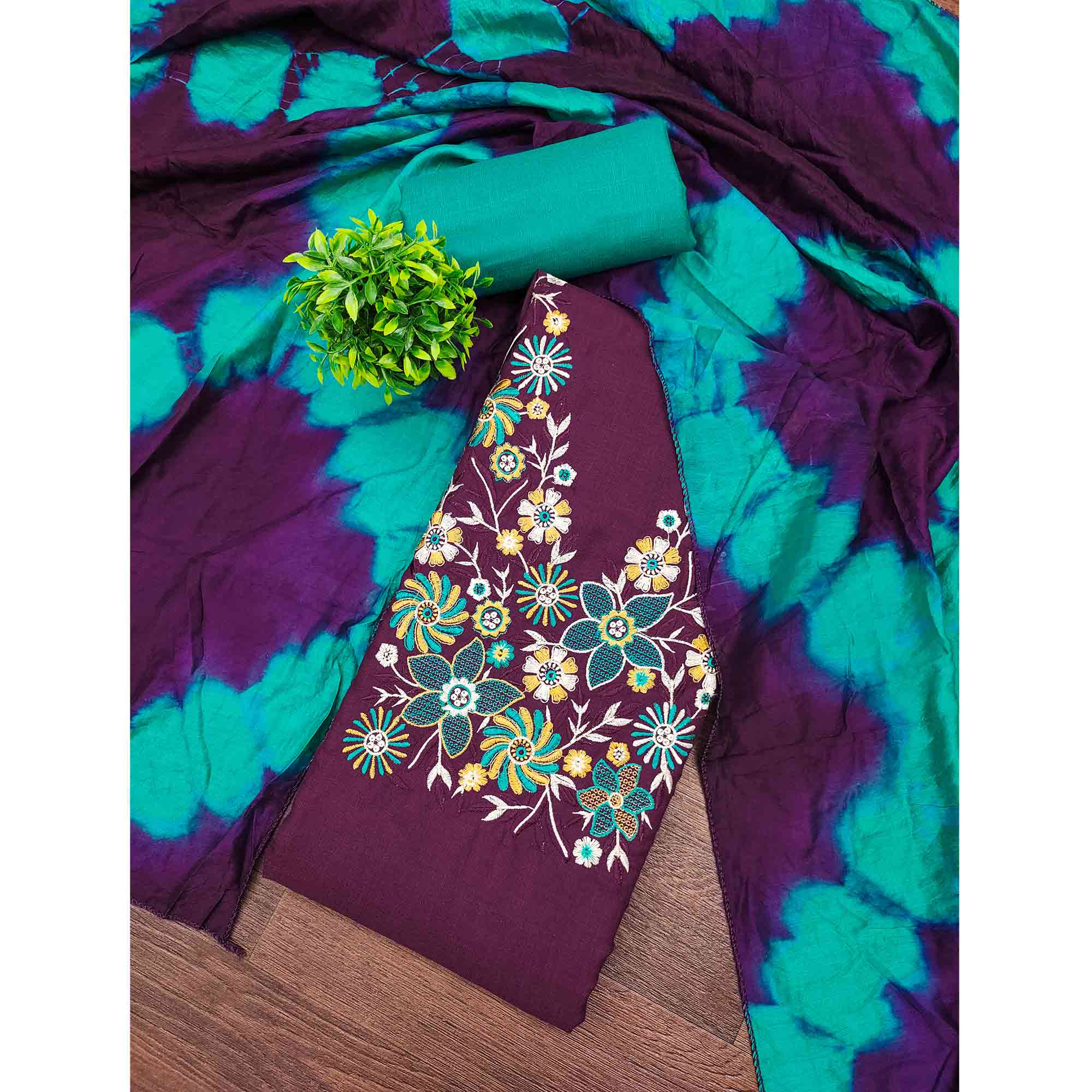 Elegant Purple Floral Thread Embroidered Cotton Blend Dress Material With Gota Patti Work