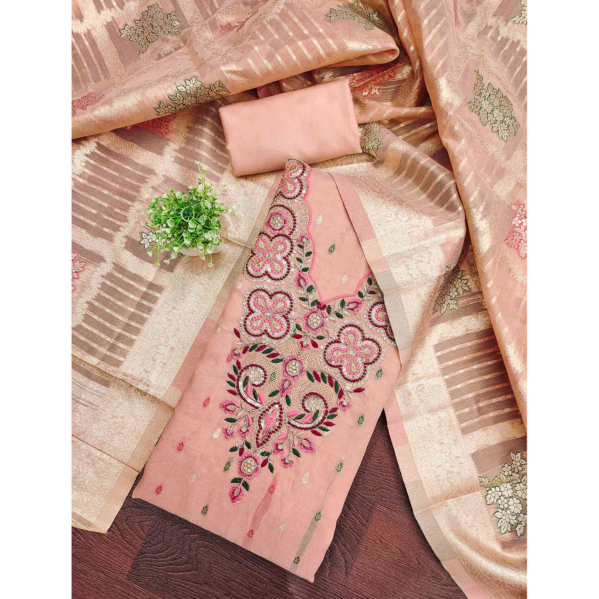 Stylish Pink Floral Cording Embroidered Shimmer Dress Material Enhanced With Butti Weaving Work