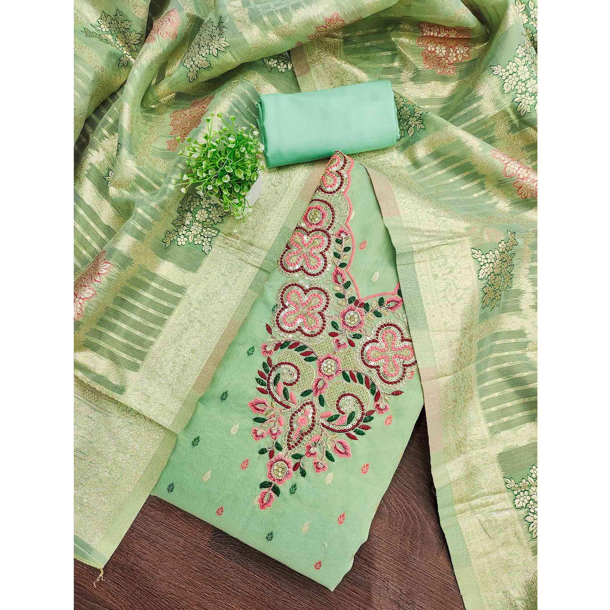 Stylish Sea Green Floral Cording Embroidered Shimmer Dress Material Enhanced With Butti Weaving