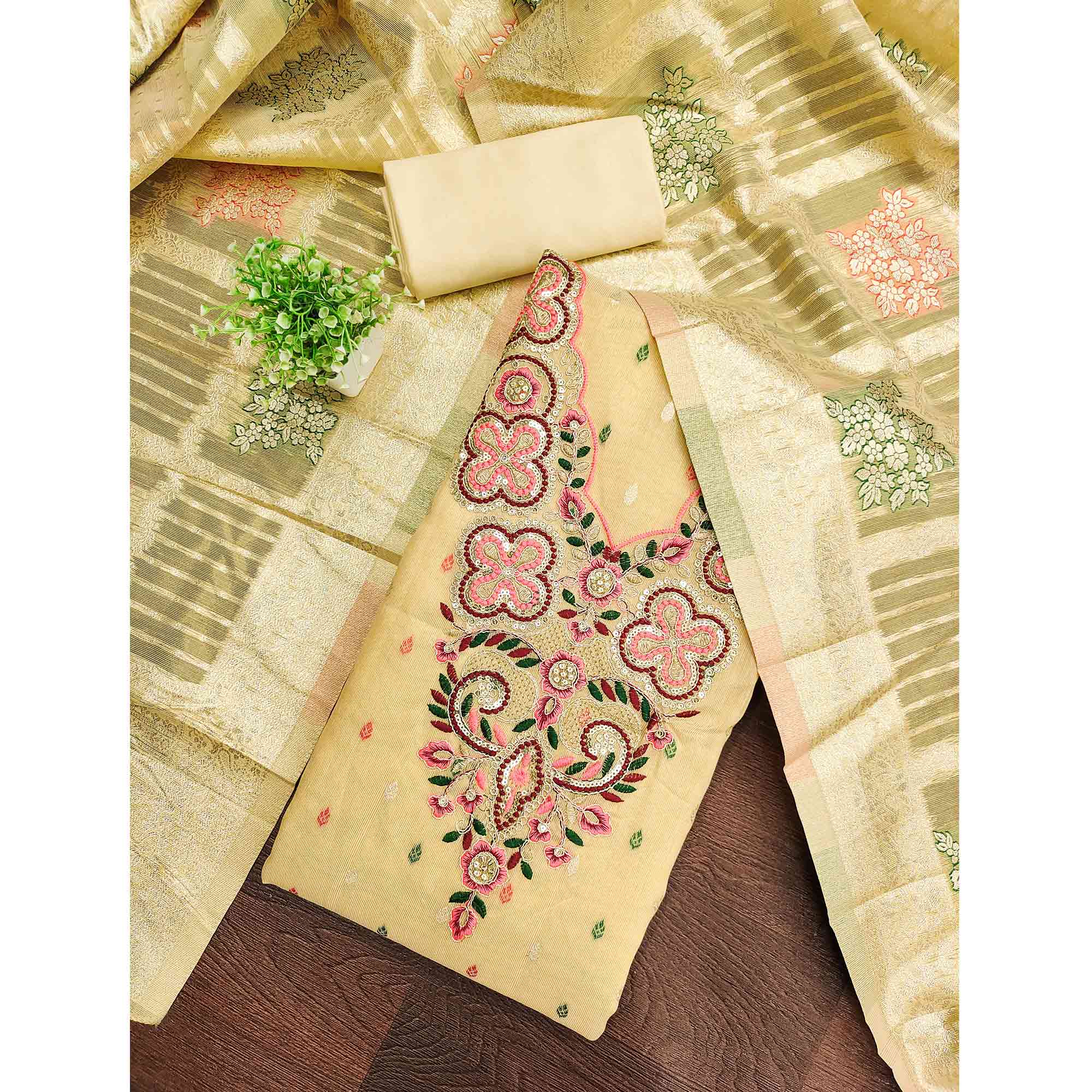 Stylish Yellow Floral Cording Embroidered Shimmer Dress Material Enhanced With Butti Weaving Work