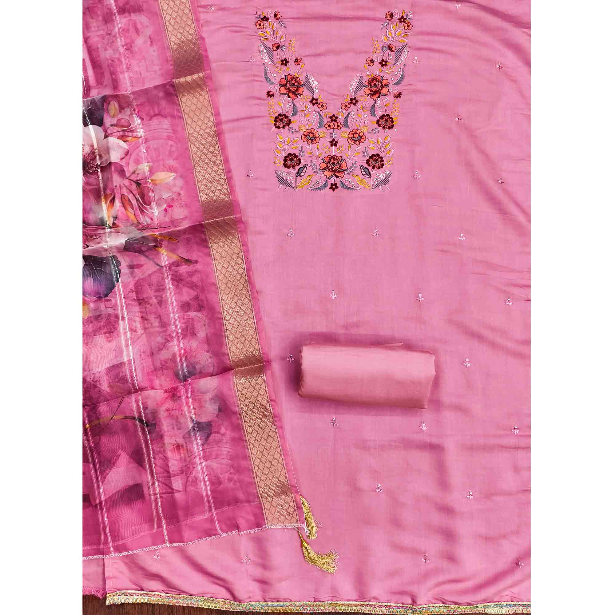 Majestic Pink Bloom Floral Thread & Sequins Embroidered Roman Cotton Silk Dress Material