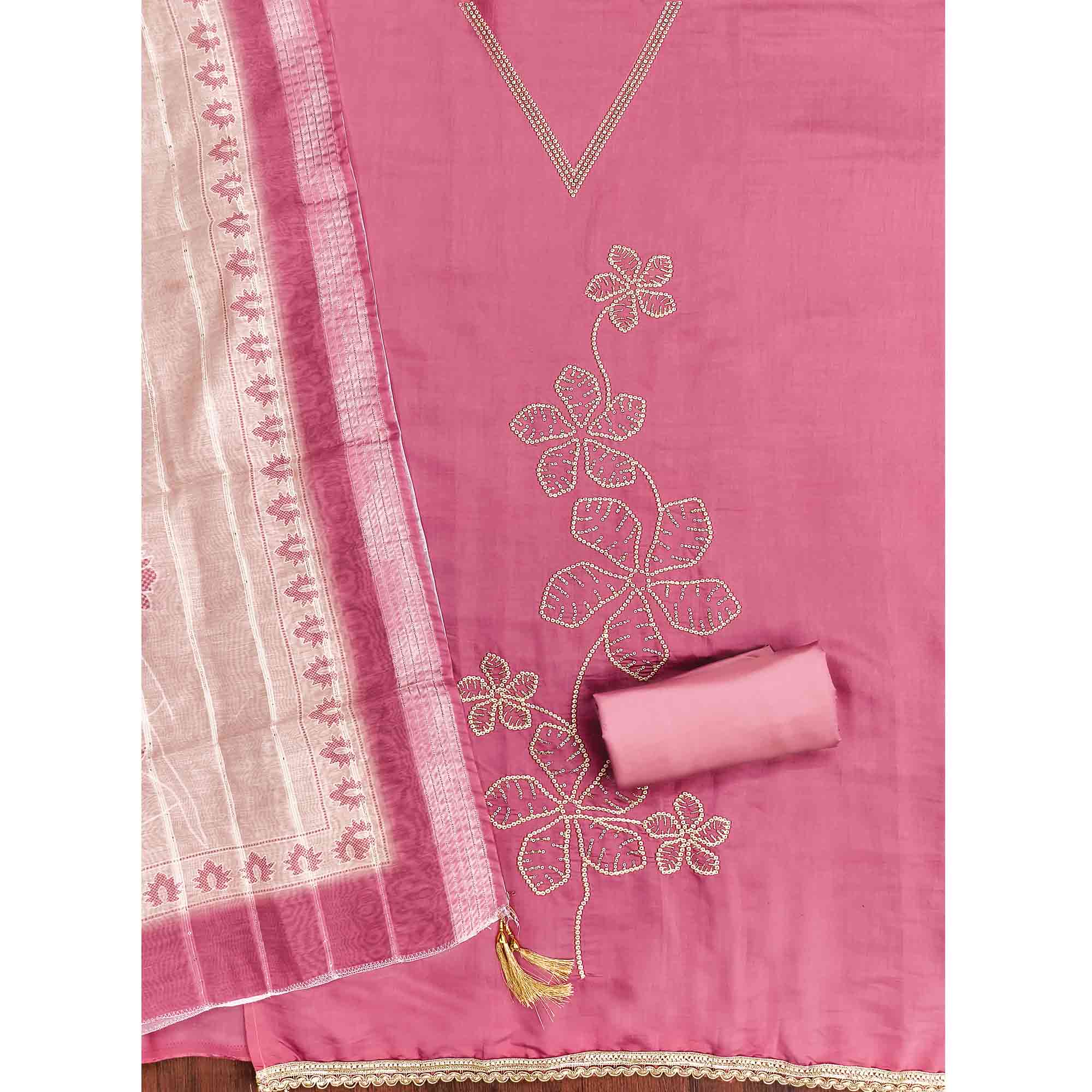 Sophisticated Pink Floral Embroidered Roman Cotton Silk Dress Material With Shimmering Sequins