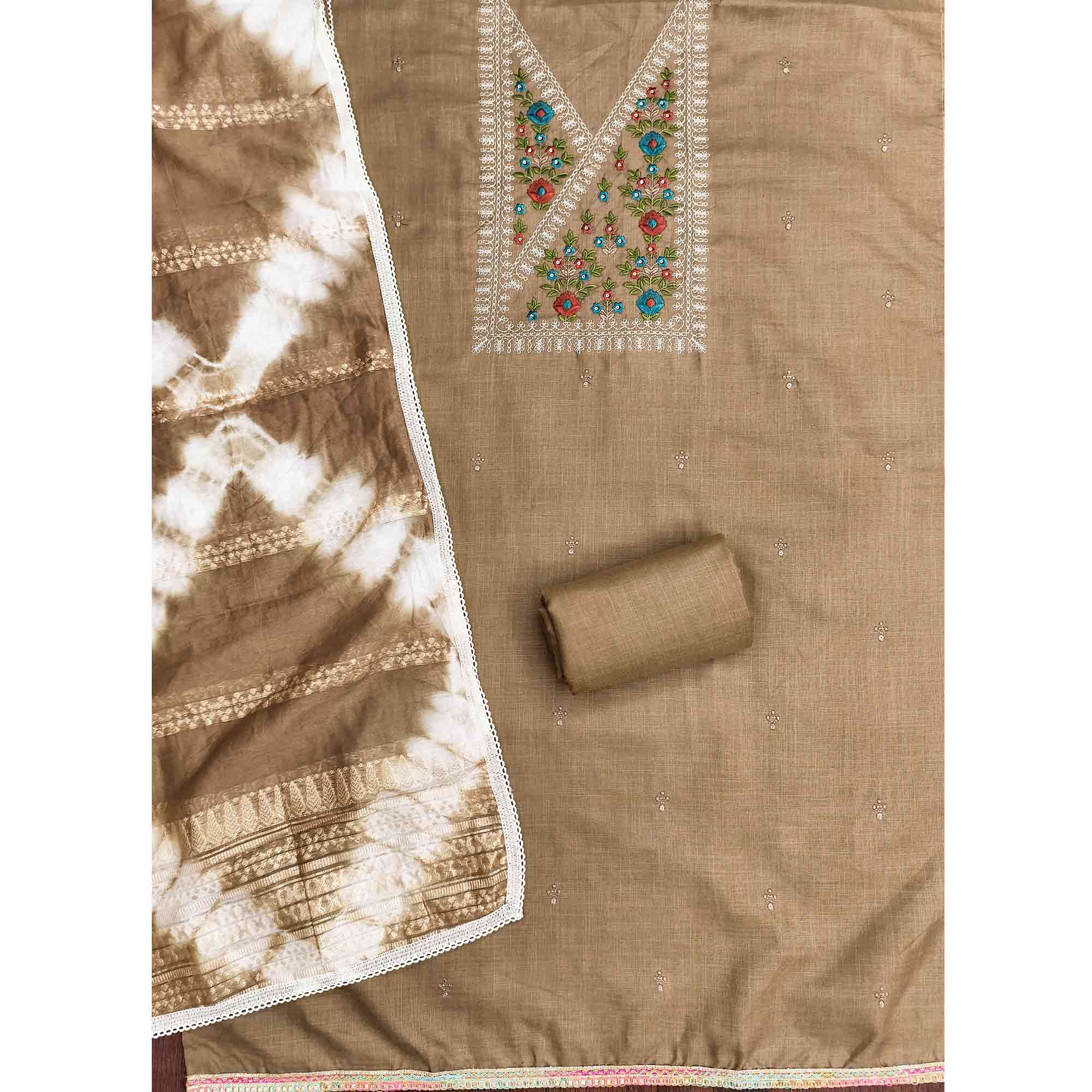 Opulent Grace Brown Cotton Blend Dress Material Adorned With Floral Thread & Sequins Work